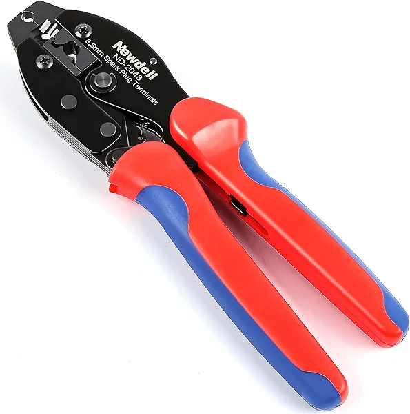 Spark Plug Wire Crimper, Newdeli Crimping Pliers for Spark Plug Stripping Tool, ND-2048 for Crimping and Stripping Spark Plug Wire, Dia 8.0-8.5mm,Ratchet spark plug wire crimping tool