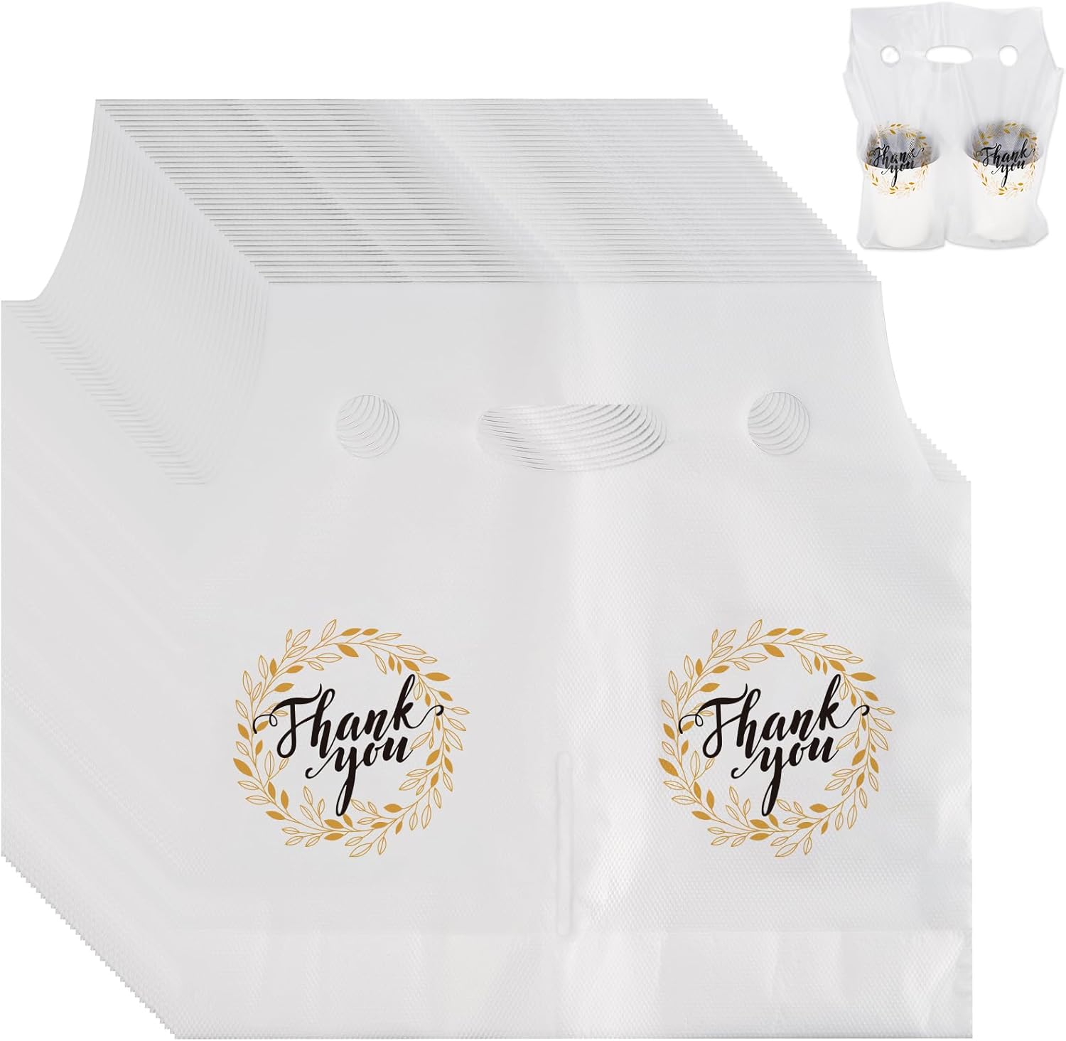 Whaline 1000 Count Thank You Handle Drinking Bags 2 Cups Clear Plastic Packaging Poly Bags for Delivery Take Out Cup Holder Beverage Coffee Tea, 11 x 12.2 Inch