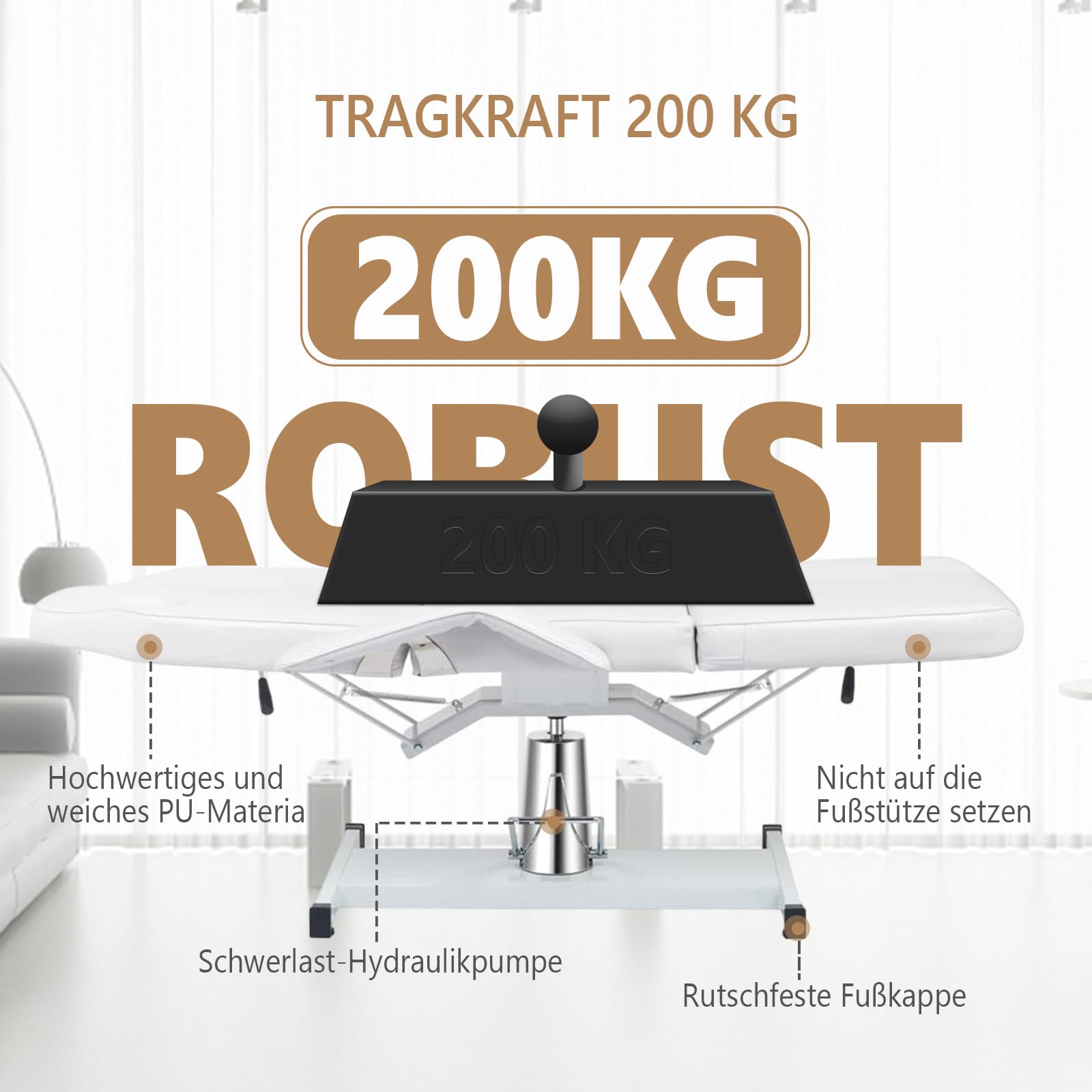 Bonnlo Hydraulischer Massageliege Kosmetikliege Gesichtsbett Massagetisch, Mehrzweck Tätowierungsstuhl mit 3 Abschnitten, Kosmetikerbett, verstellbare Schönheitssalon Spa Ausrüstung, Weiß