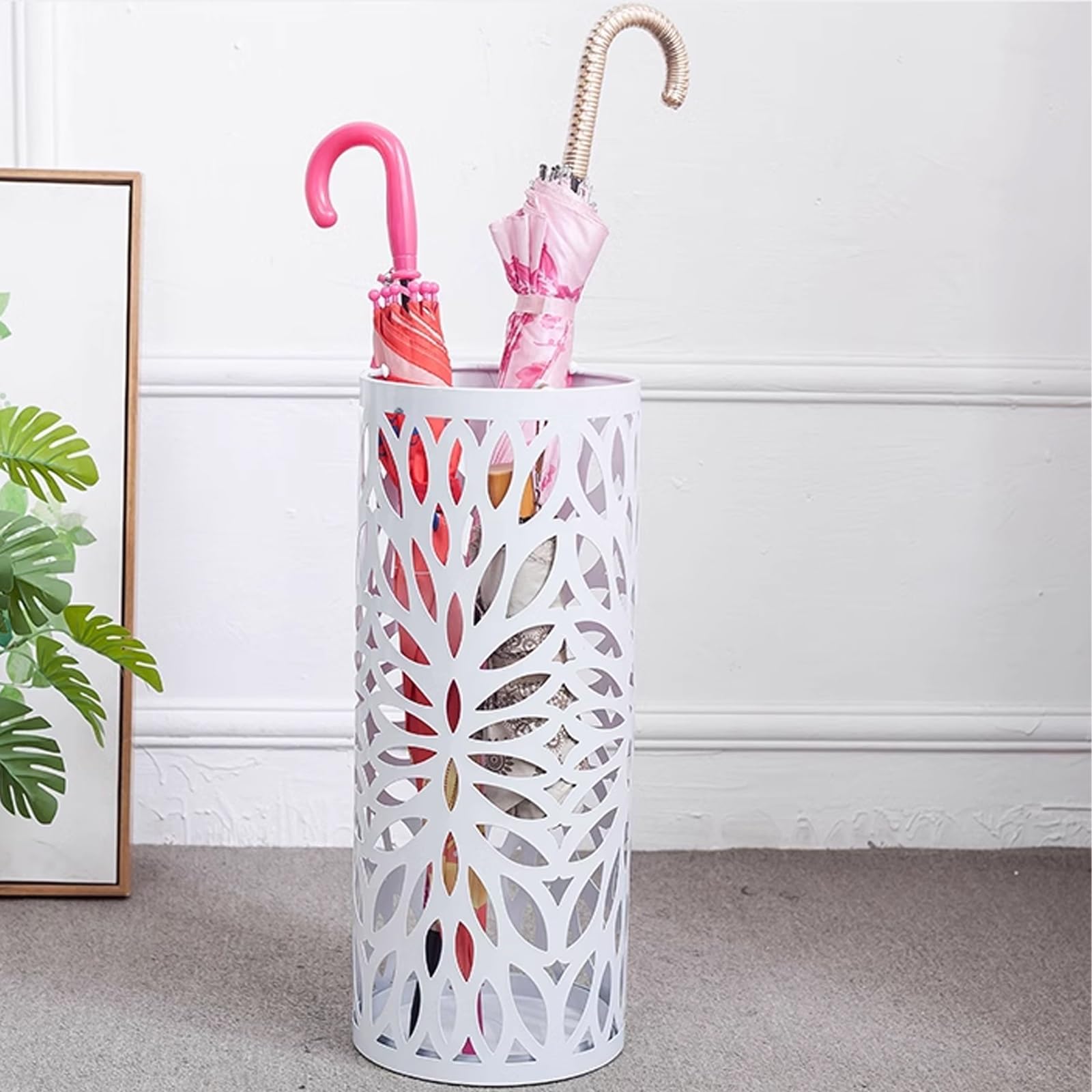 SaryEdge Modern Gold Metal Umbrella Stand - Stylish Round Cane Holder with Drip Tray for Entrance Decor - Simple Fashionable Storage Solution for Home Interior,White