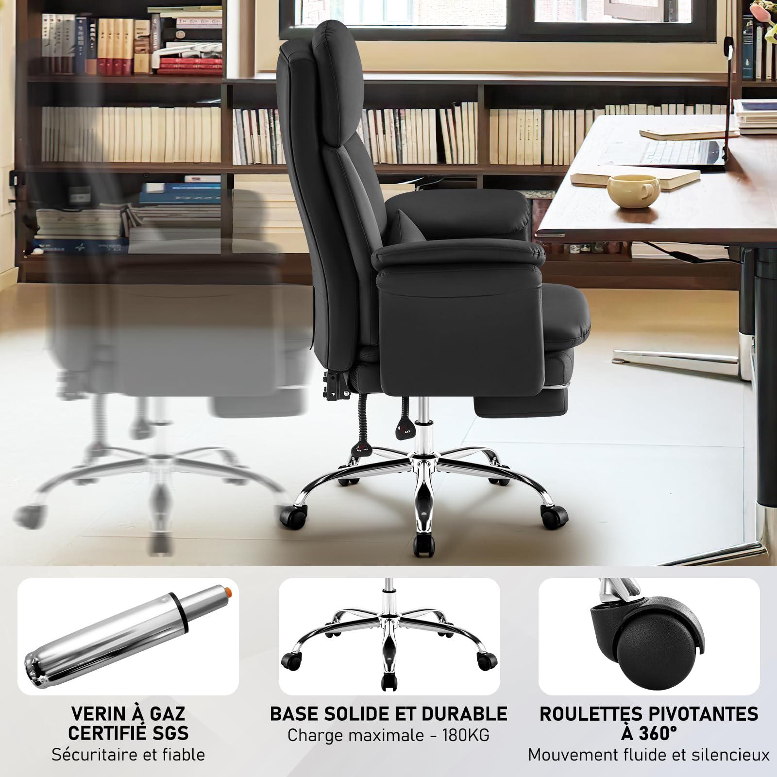 Hellove Fauteuil de Bureau avec Soutien Lombaire Précis, Chaise Ergonomique en Cuir PU avec Repose-Pieds (200kg), Dossier Haut Inclinaison 135°, Fauteuil Direction Pivotant pour Home Office, Noir