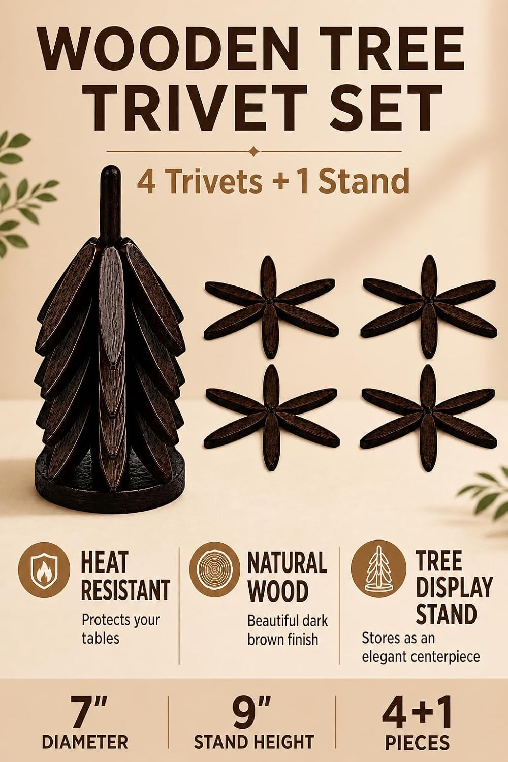 Tree Shaped Trivet Coaster Set, 4 Wooden Hot Pads for Hot Dishes, Pots & Pans, 7" Star Trivets with Display Stand, Heat Safe Dining Table Protector, Housewarming Gift