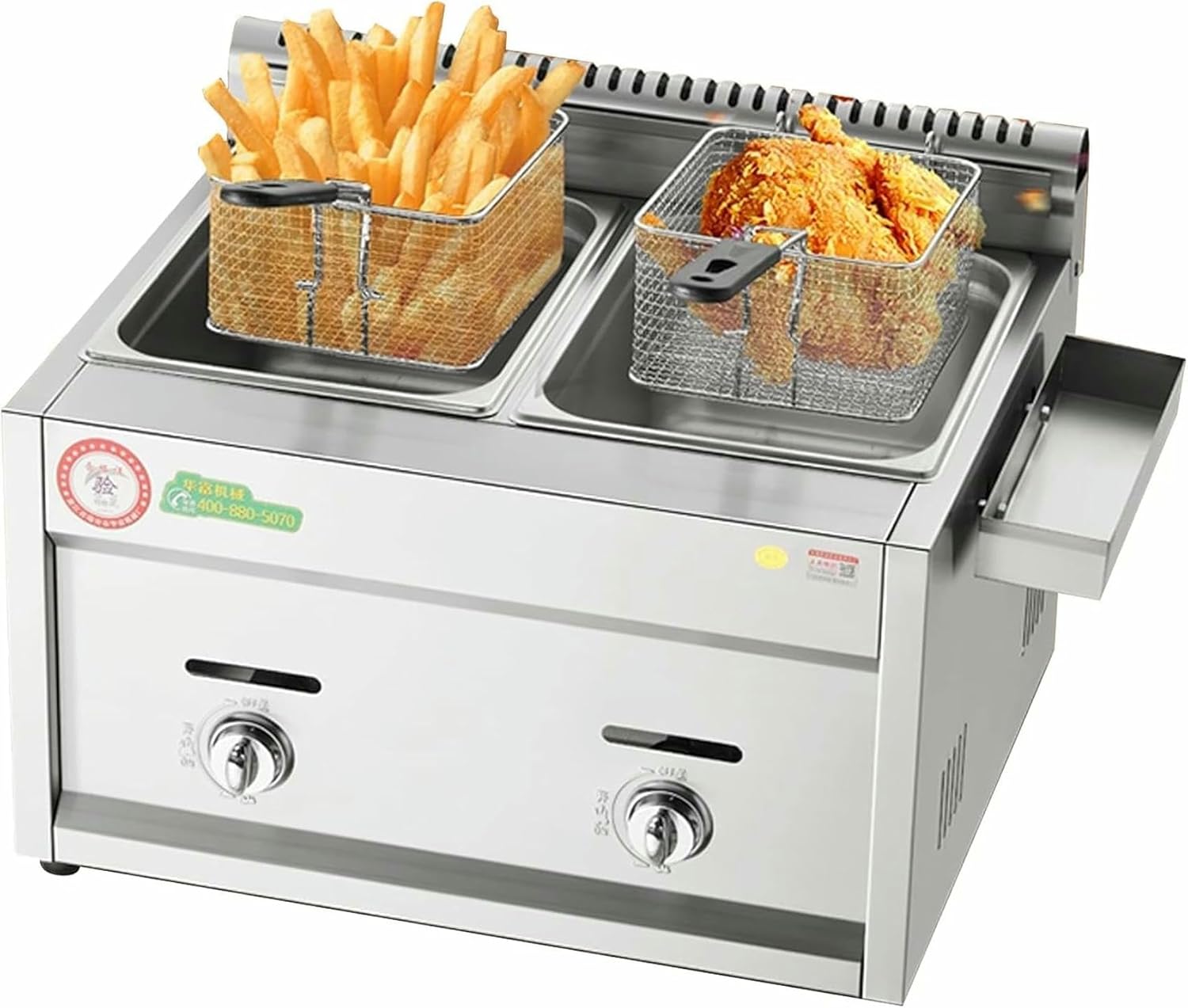 Gas Fryer,Commercial Deep Fat Fryer 12L Stainless Steel LPG Fryer With cover for Chips Donuts Fish, Easy Clean Removable chimney~/