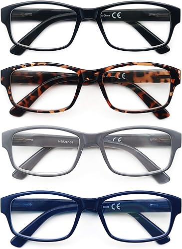 Reading Glasses Men 4-Pack,Large Square Readers,Rectangular FrameOversized Comfort Readers with Spring Hinge