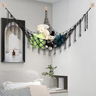Stuffed Animal Net or Hammock, Teddy Bear Hammock, Stuffed Animal Toy Hammock Hanging, Net Hammock for Stuffed Animals, Corner Plush Toys Net Holder for Bedroom, Nursery (Black)