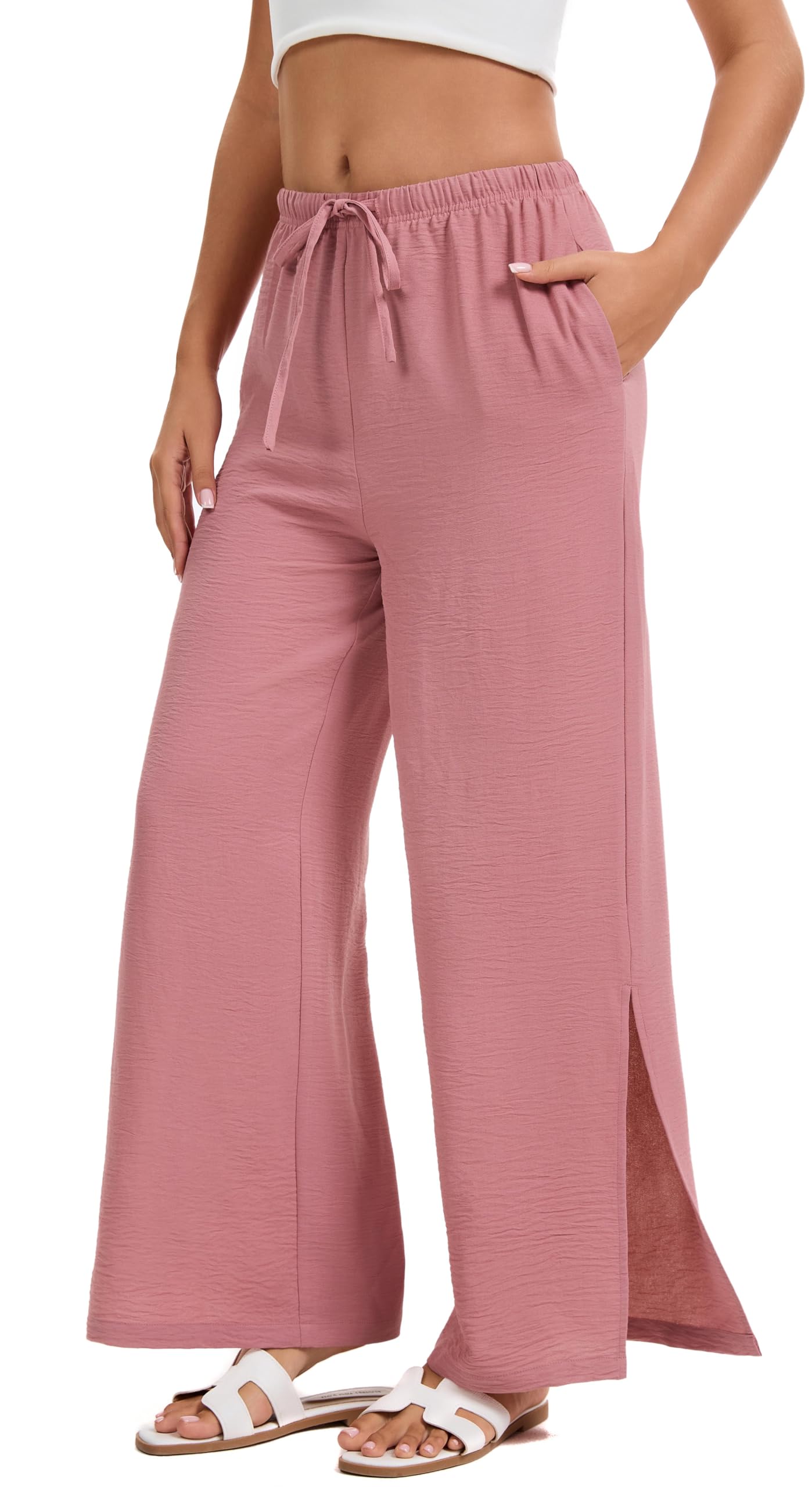 WUWUSK Yoga Stoffhose Damen Leichtweite Palazzo Hose High Waiste Strandhose Mit Kordelzug