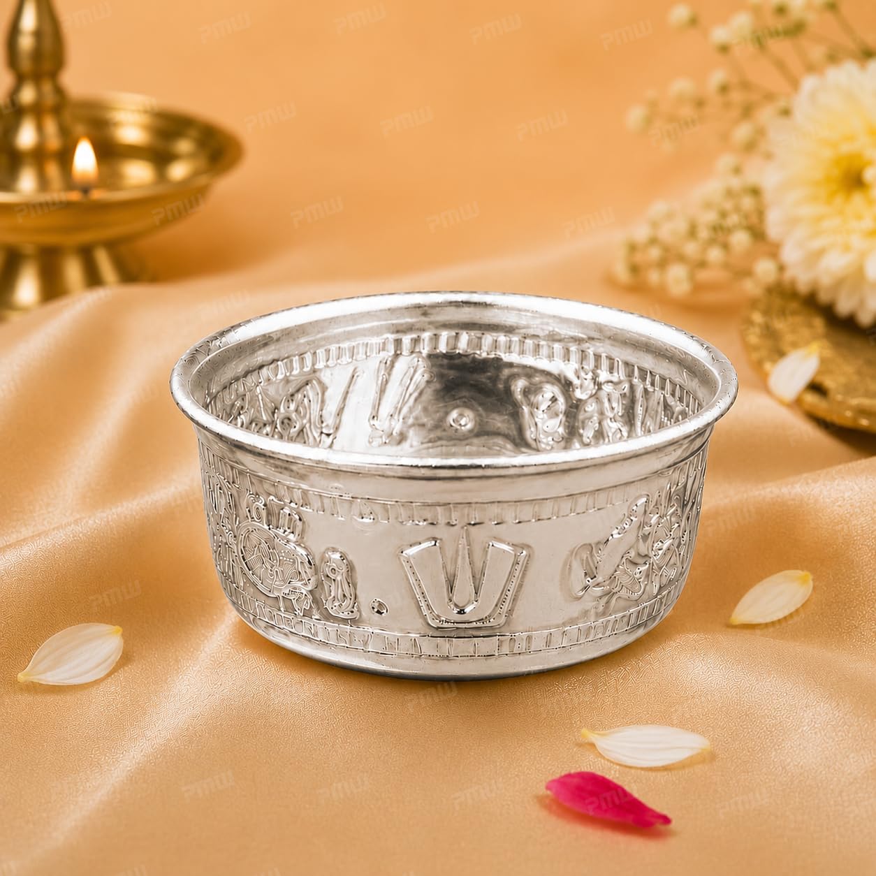 PE - German Silver Venkateswara Namam Design Bowl with Blessings | 3 x 1.5 Inch (WxH) Traditional Pooja Bowl | Ideal for Kumkum, Haldi, Prasadam & Daily use (91806)-image-49