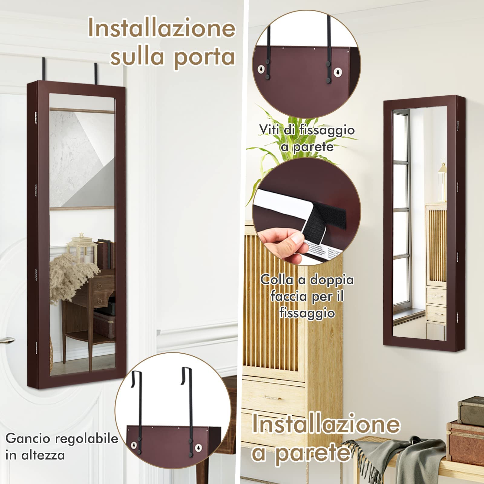GYMAX Armadietto Portagioie con Specchio, Specchiera Portagioielli Sospesa, con 2 Luci a LED, Ampio Spazio di Archiviazione, di Legno, 123,5x37x9,5 cm (Marrone)