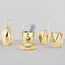 Luxury Gold 5 Piece Bathroom Accessory Set Ceramics Crafted Set Includes Soap & Lotion Dispenser Tooth Brush Holder Mouthwash Cup Soap Dish Canister Soap Dispenser,B,B