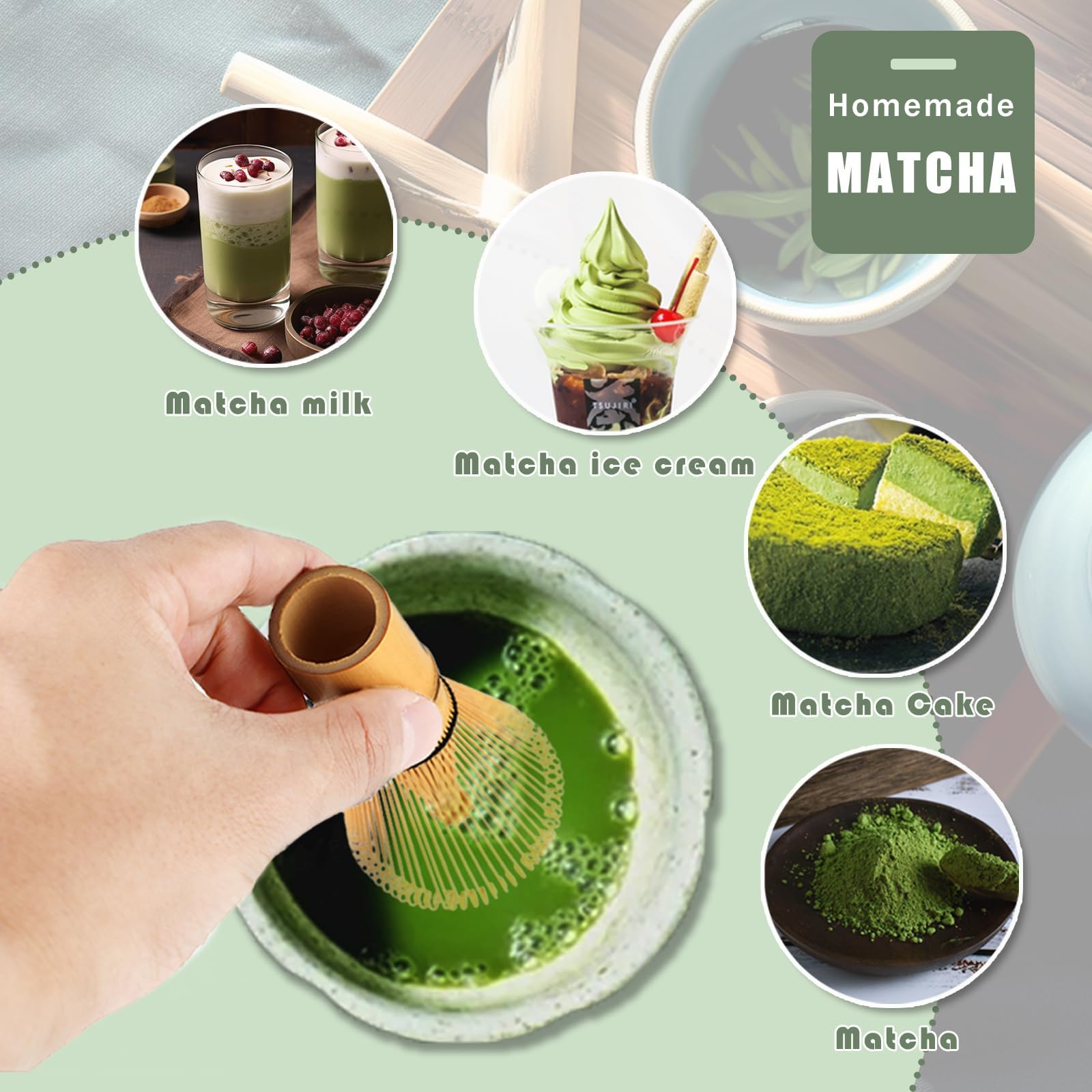 Wenrescry Zestaw akcesoriów do ceremonii Matcha, japońska ręcznie robiona trzepaczka do matcha, bambusowy uchwyt na trzepaczkę, tradycyjna łyżka do herbaty, 100 ząbków, zielona herbata w proszku - 3