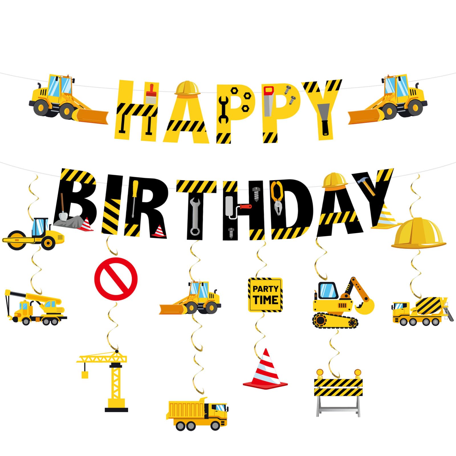 Construction Happy Birthday Banner, Truck Themed Party Supplies Excavator Hanging Swirls Decoration for Birthday Party Supplies