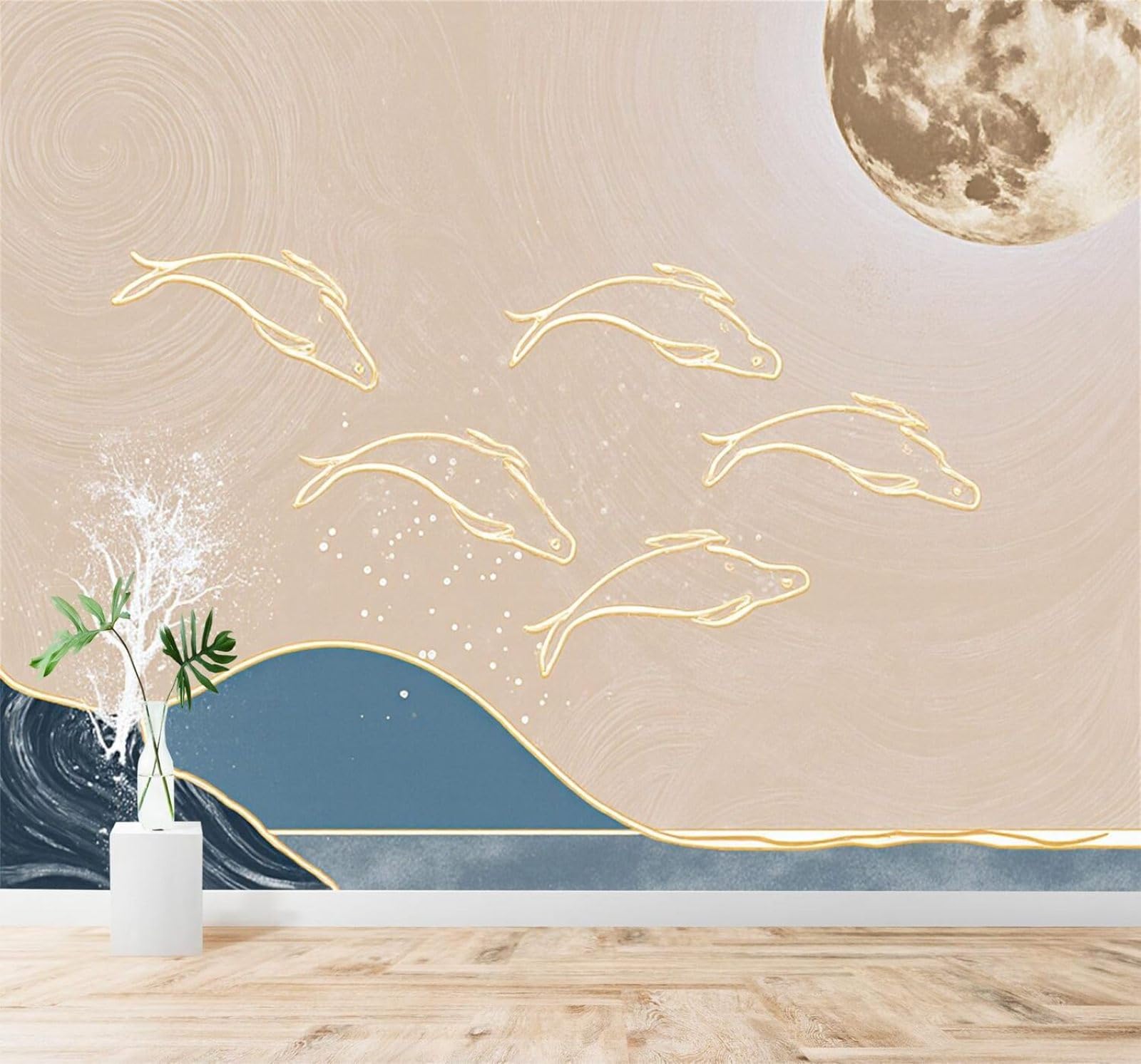 Tzxztt Golden Fish Waves Moon Abstract Landscape Modern 3D Wallpaper Premium Textured Silk Neutral Tones Material Ideal for Living Room Bedroom-350cm×256cm
