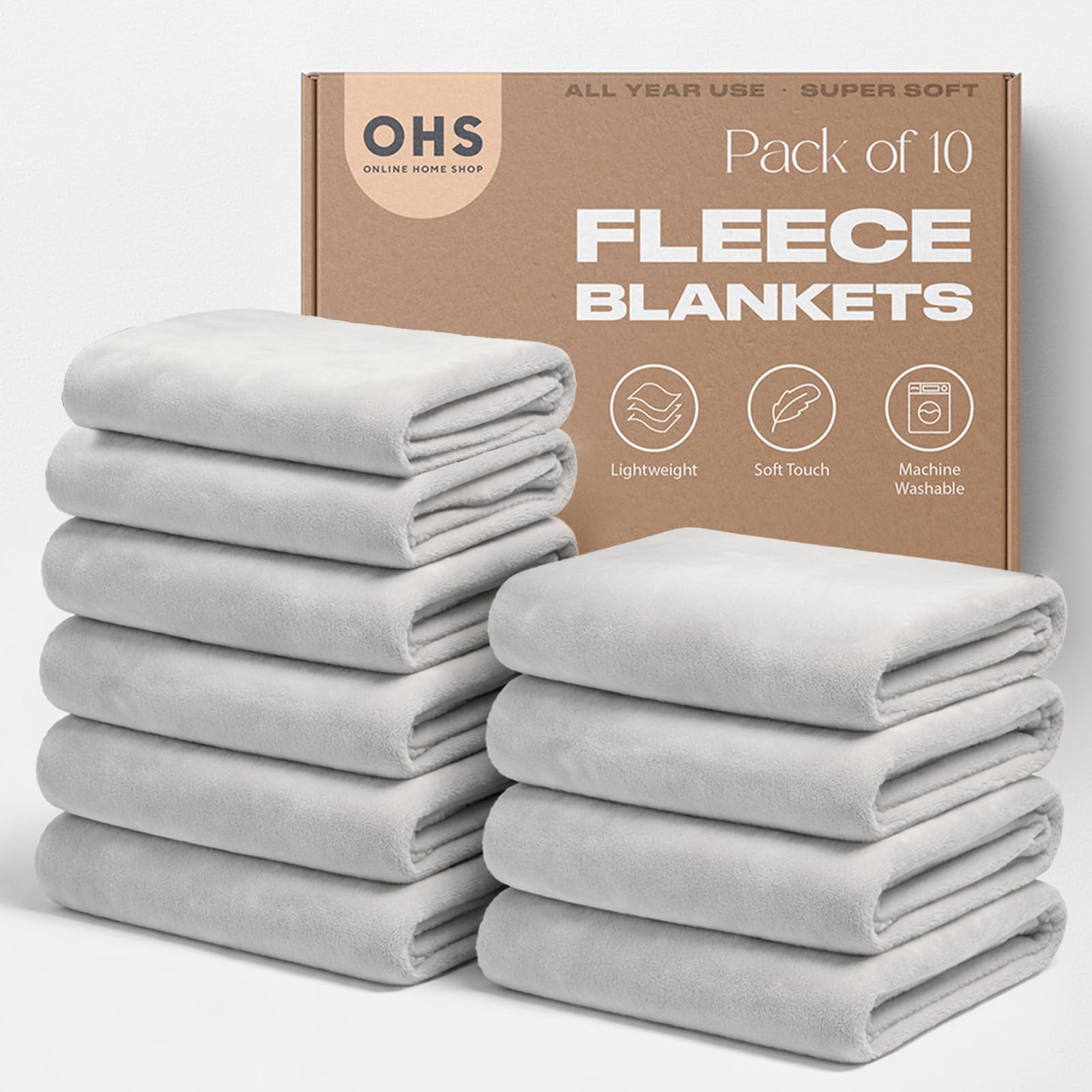 OHS Wholesale 10 x Plain Throws for Sofas Blanket Bulk, Super Soft Cosy Warm Flannel Fleece Blanket Throw Over Bed Settee Joblot Bed Throw King Size, Silver Grey - 200 x 240cm