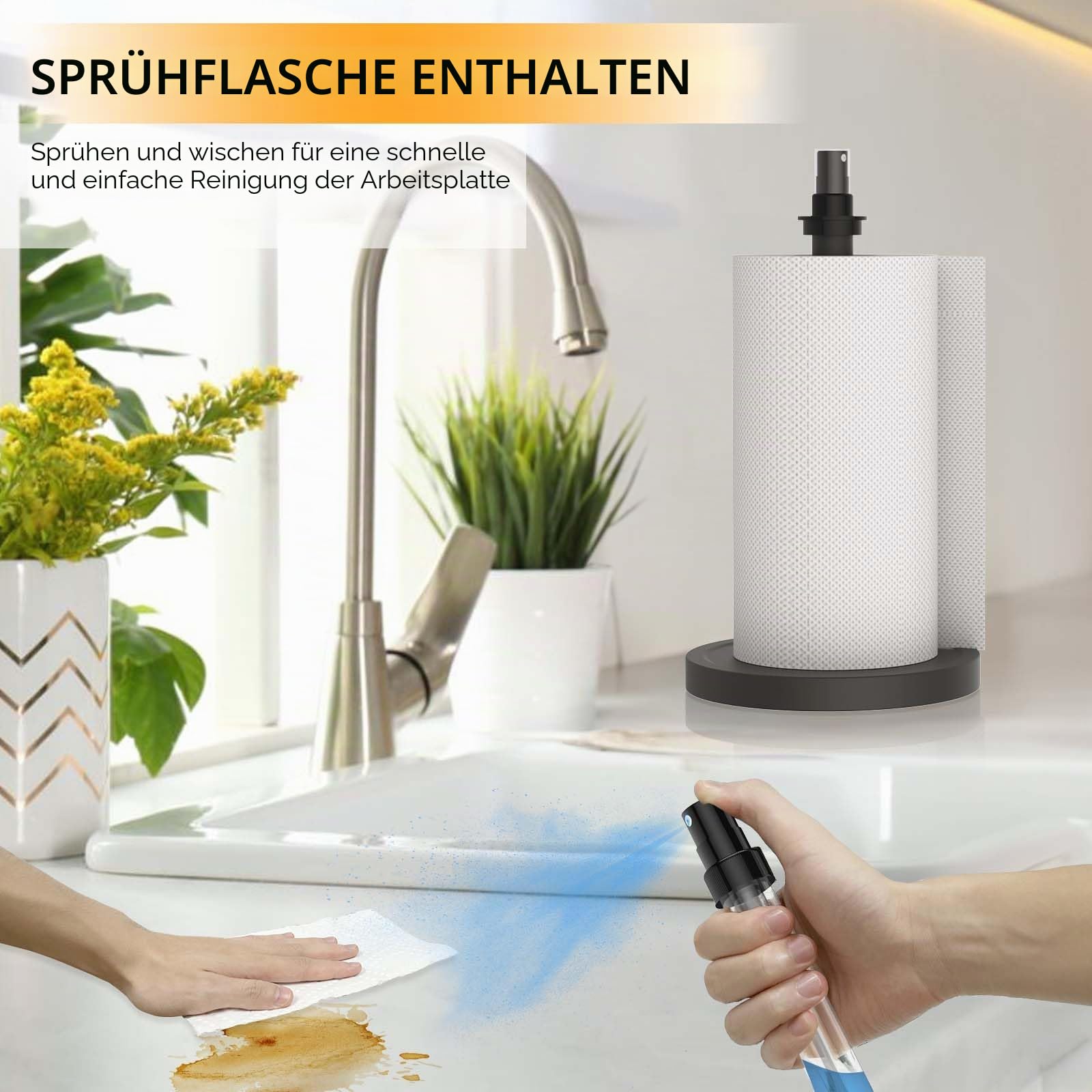2 in 1 Papierhandtuchhalter mit Sprühflasche, Papierhandtuchhalter, Einhandbedienung mit rutschfestem beschwertem Boden, Papierhandtuchhalter Arbeitsplatte für Küche und Bad (Schwarz)