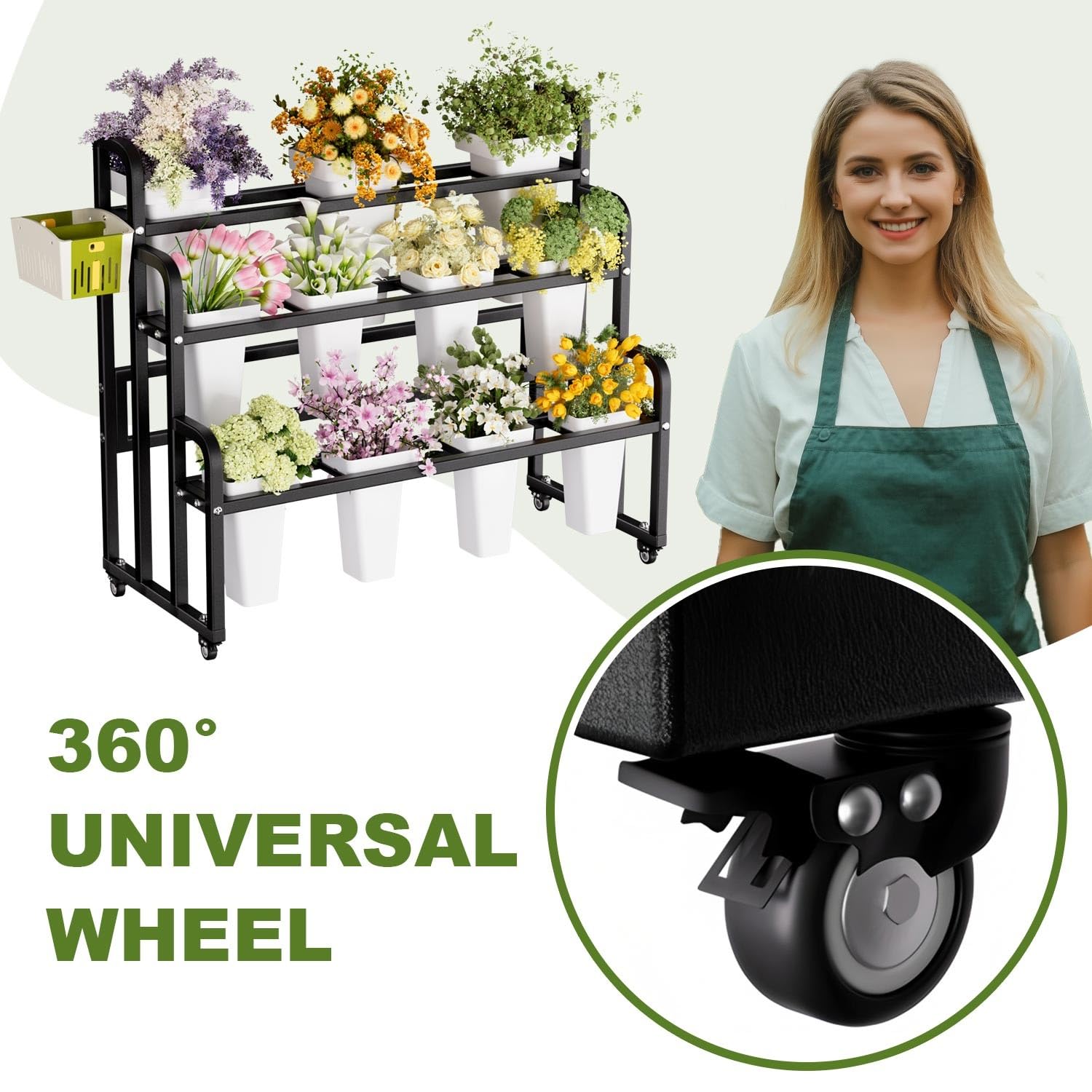 Supporto per piante a 3 ripiani, in metallo, con 11 secchi, espositore per fiori su ruote, per interni ed esterni, perfetto per patio, giardino, negozio