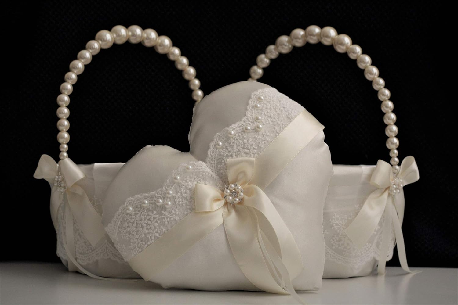Ivory Ring Bearer Pillow and Flower Girl Basket Set, Heart Ring Pillow, Lace Wedding Basket, Pearl Handle Basket, Ivory Ring Holder, Ivory Flower Baskets, Ivory Wedding Pillow