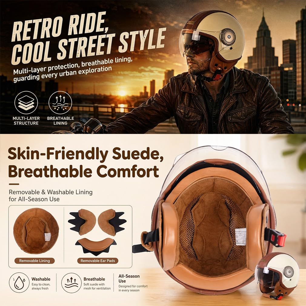 Retro 3/4 otwarty kask motocyklowy, ECE 22.06, lekka powłoka ABS, detale ze skóry PU, wyjmowana wyściółka wewnętrzna, z osłoną twarzy, unisex, do miejskich i wiejskich dróg, M-L (57-60 cm)