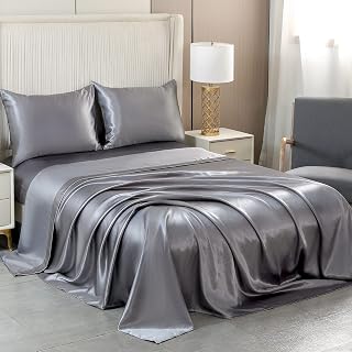 ARTALL Satin Sheets Queen Size, 4 Pieces Silky Soft Bed Set, Grey With 1 Deep Pocket Fitted Sheet, 1 Flat Sheet, 2 Pillow Cases
