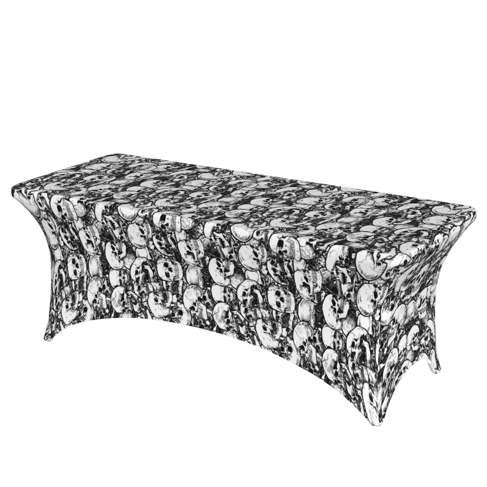 AYYQWE Black And White Skulls Pattern Print Elastic Rectangular Tablecloth For Banquet Outdoor Picnics Office Table Cover