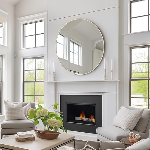 Miniatura 5 de HOMECOOKIN Espejo de pared redondo de 32 pulgadas, espejo circular dorado para baño con marco de metal, espejo dorado redondo para decoración