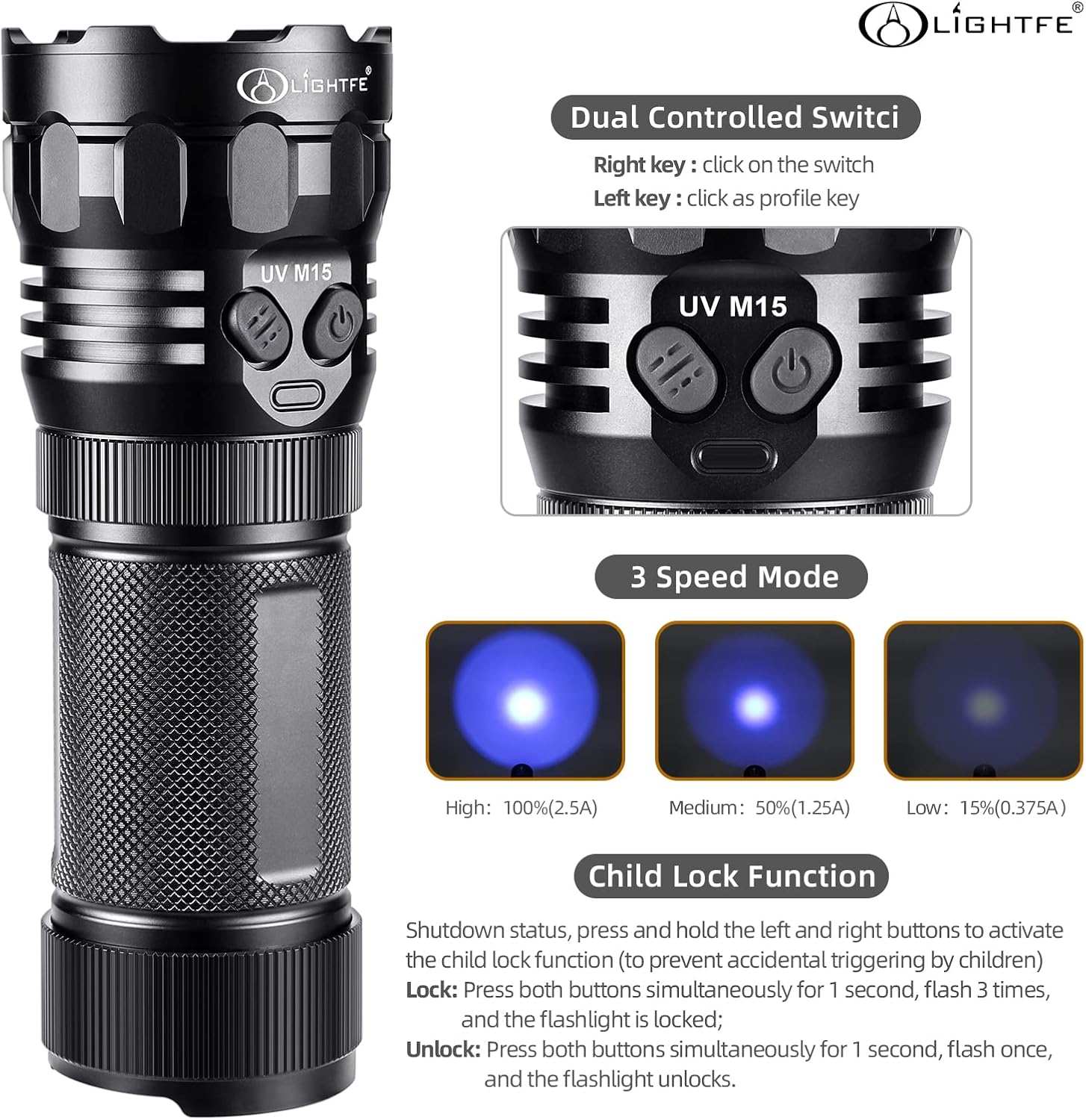 LIGHTFE 20000mW Output 365nm UV Light Flashlight Utilizes LG LED Sources 3in1, Equips with Special Filter Lens, Apply for Medical, Chemical, Bioinstrumentation, Rock and Mineral