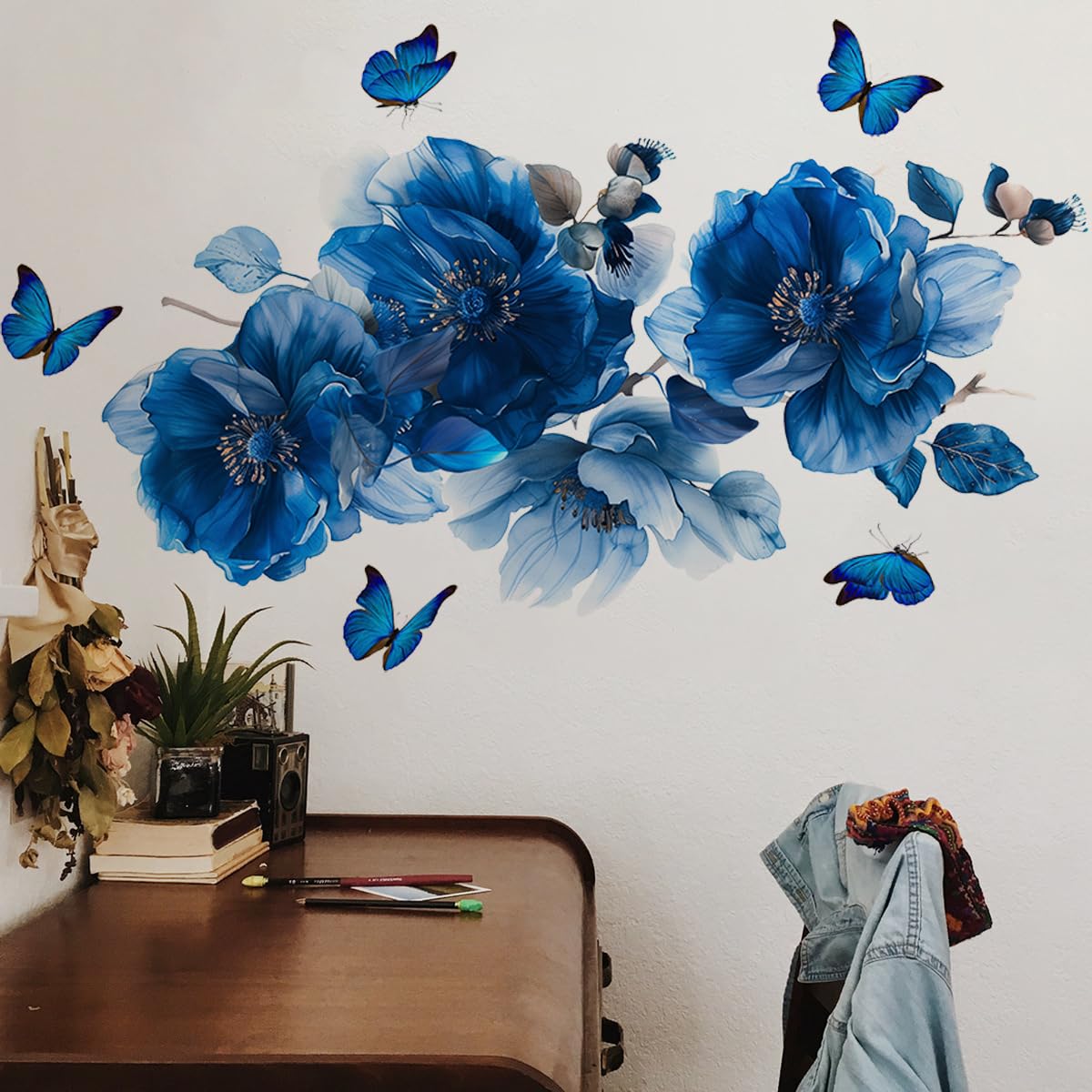 Runtoo Blue Flowers Wall Decals Butterfly Watercolor Floral Wall Stickers for Bedroom Living Room Bathroom Home Decor - Image 2