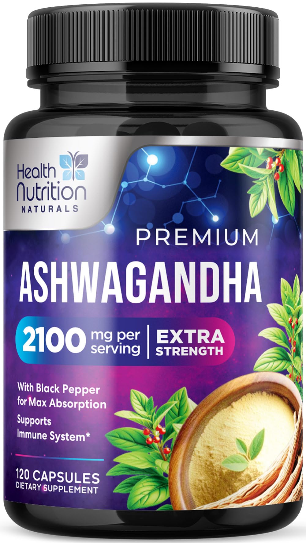 Ashwagandha Supplements - Best Ashwagandha Root & Powder Capsule with Black Pepper for Max Absorption - Naturally Calm & Unwind for Women & Men - Vegan, Gluten Free, USA Bottled - 120 Capsules