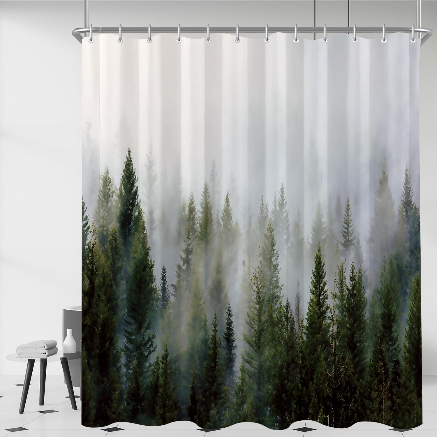 Lerores Duschvorhang 180x200 cm Nebel Wald, Beschwerter Saum Antischimmel Textil, Wasserabweisend, Waschbar Polyester Badevorhänge mit 12 Ösen und Duschvorhangringen für Badezimmer, Badewanne