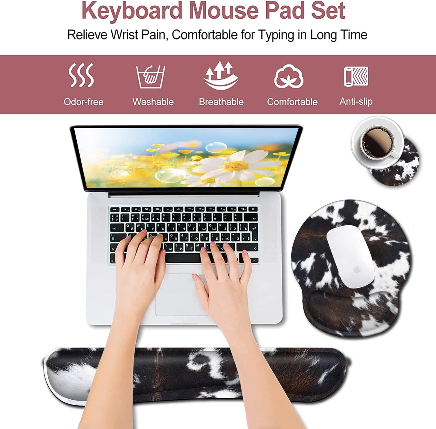 BROWN COW Ergonomic Mouse Pad and Keyboard Wrist Rest - Easy Typing Pain Relief, Memory Foam, Cute Cowhide Design