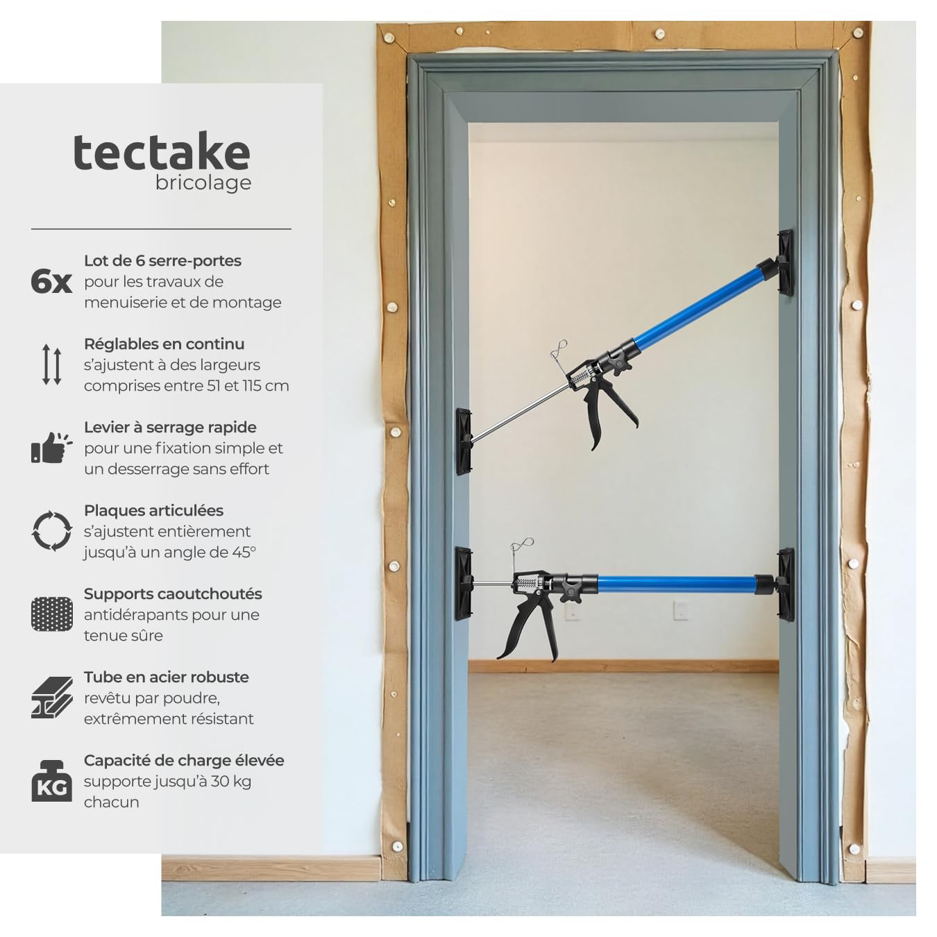 tectake® Lot de 6 Etais telescopique, Etai telescopique Soutien de porte, réglable en hauteur de 51 à 115 cm, Charge max. 30kg par Etai de soutien, Fixation rapide, Bricolage, Construction, Bleu