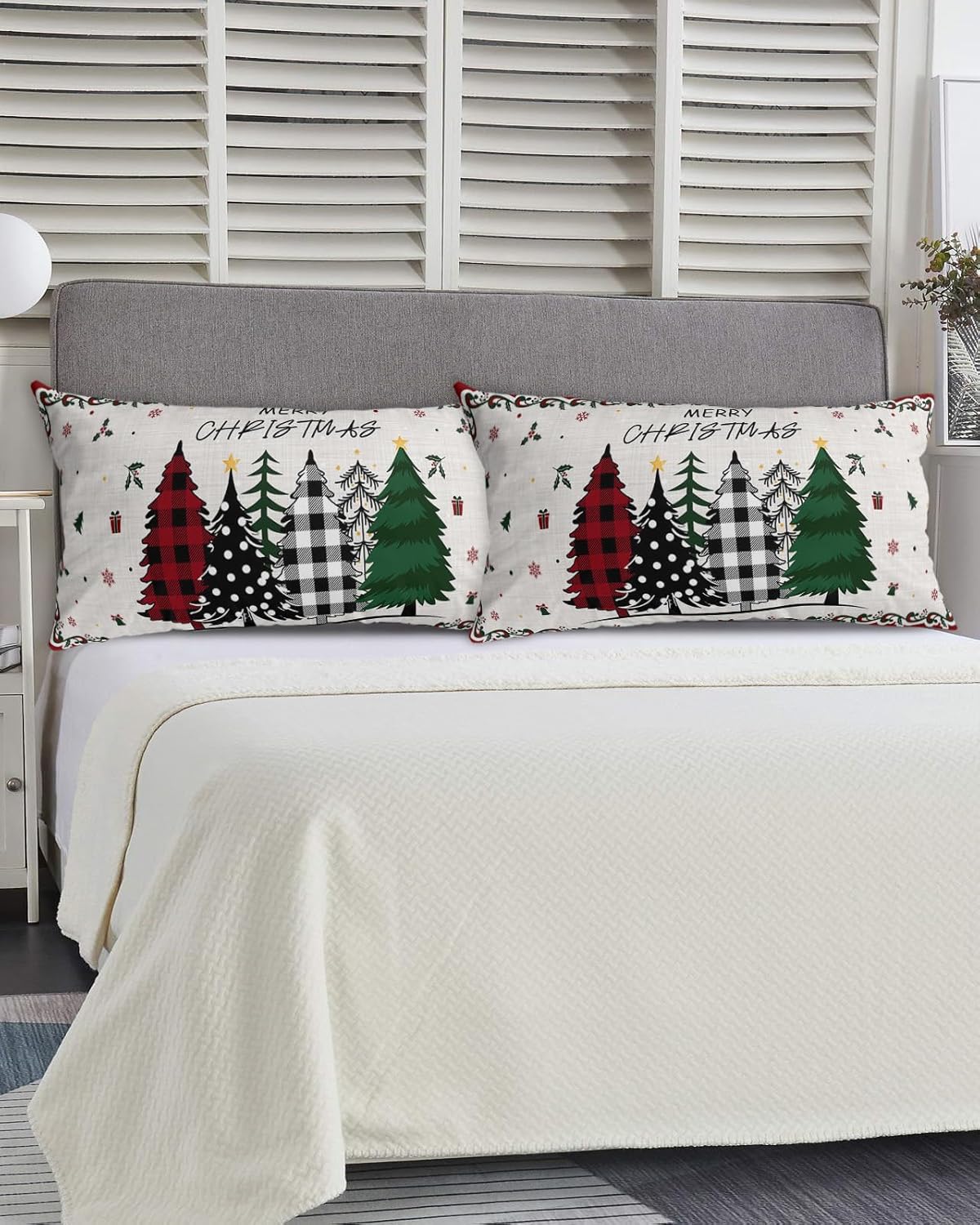 Christmas Tree King Size Pillowcases,Soft Bed Throw Pillow Covers Sham Sofa Couch Long Body Lumbar Bolster Cushion Case with Envelope Closure,Farmhouse Buffalo Checkered Red Green Grey 20"x40"