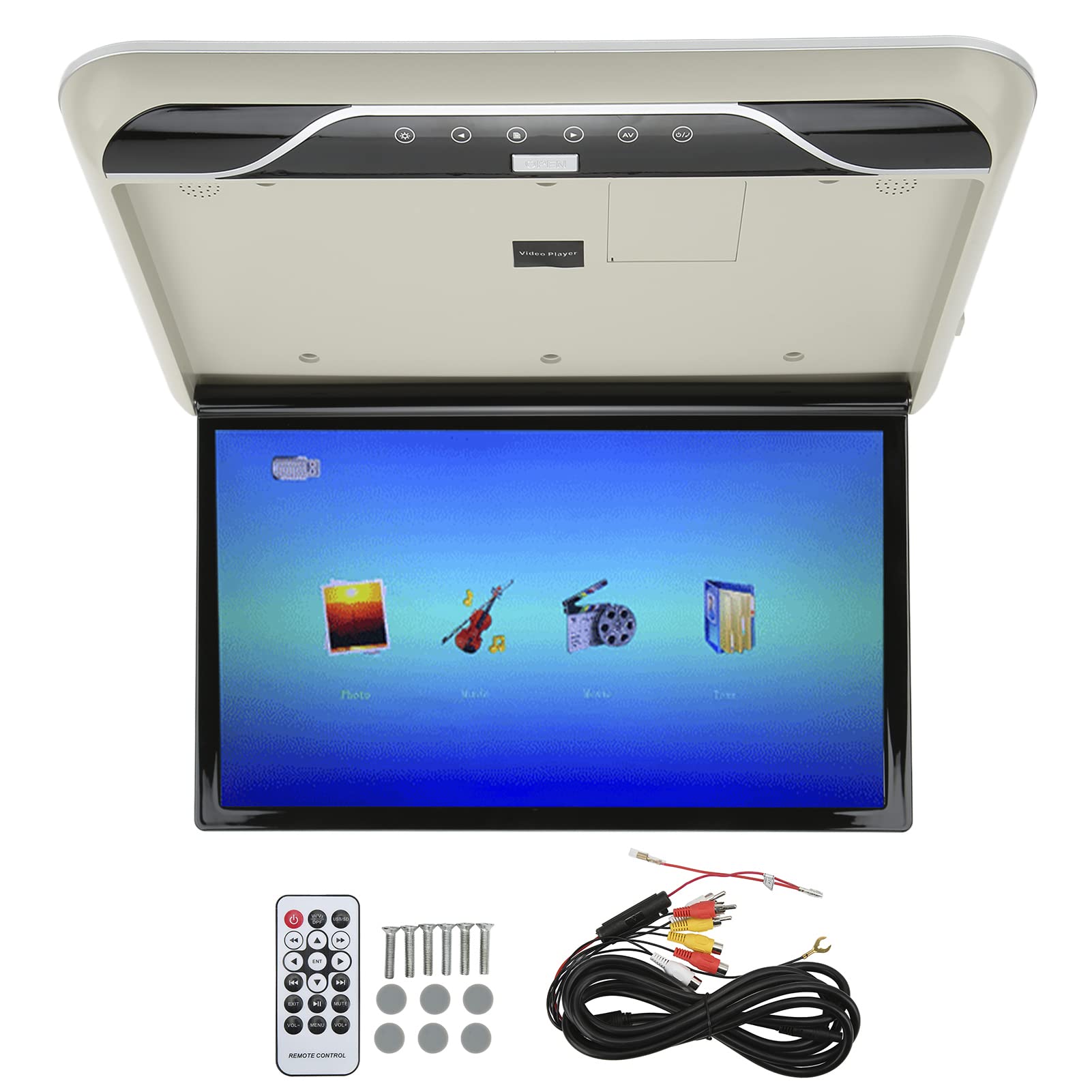 Cahead Lecteur Vidéo, 45 cm Cahead Moniteur Voiture Montage Plafond Écran LCD Pliable 1080P 16 Couleurs Contrôle Tactile Atmosphère Lumière Entrée USB (Gris)