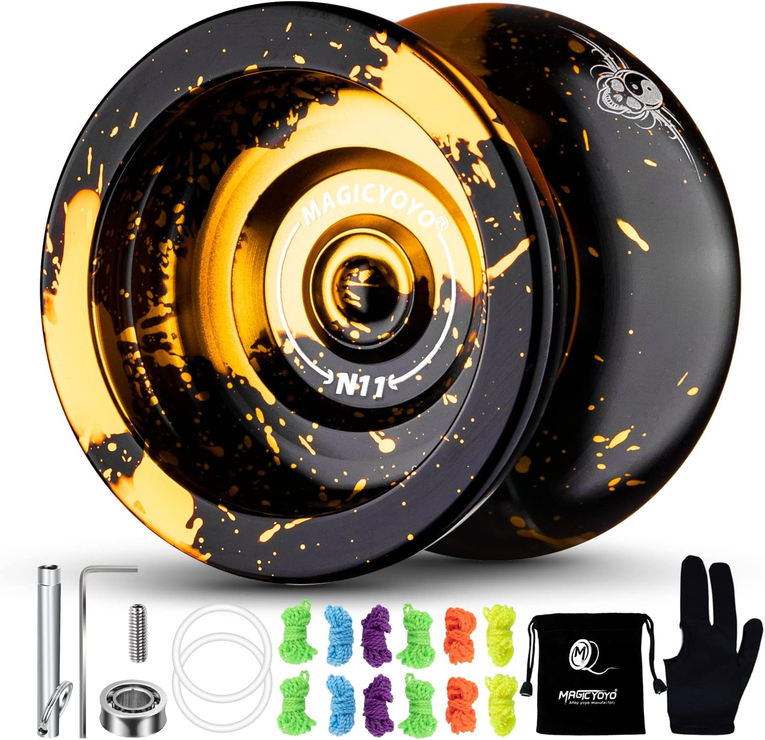 MAGICYOYO Dual Purpose Yoyo N11 - Responsive Yo Yo for Kids 8-12 or Above & Unresponsive Bearing Kit for Advanced Edge Hook Finger Spin with Yo Yo Glove + Bag + 12 Yoyo Strings (Black Golden)