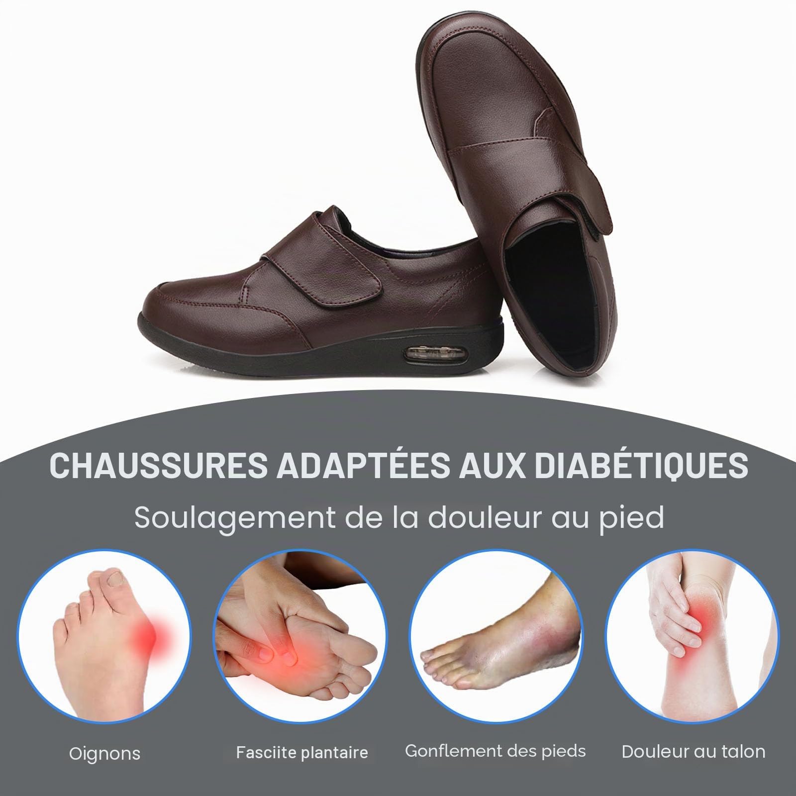 Chaussures Cuir,Hommes Chaussures Marche Diabète,Arthrite œdèmes Pieds Gonflés Chaussures Ajustables pour Personnes Âgées Chaussures de Bandage Pantoufles,Noir,42EU