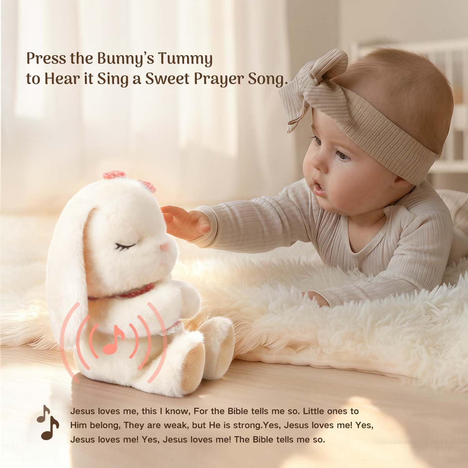 Baptism Gifts for Girl, Catholic Christening, Baby Dedication & Baptismal Gift Set for Baby Girls & Kids, with 9" Musical Praying Bunny Plush Toy & Everybunnies' Blessing Book in Keepsake Box - Image 3