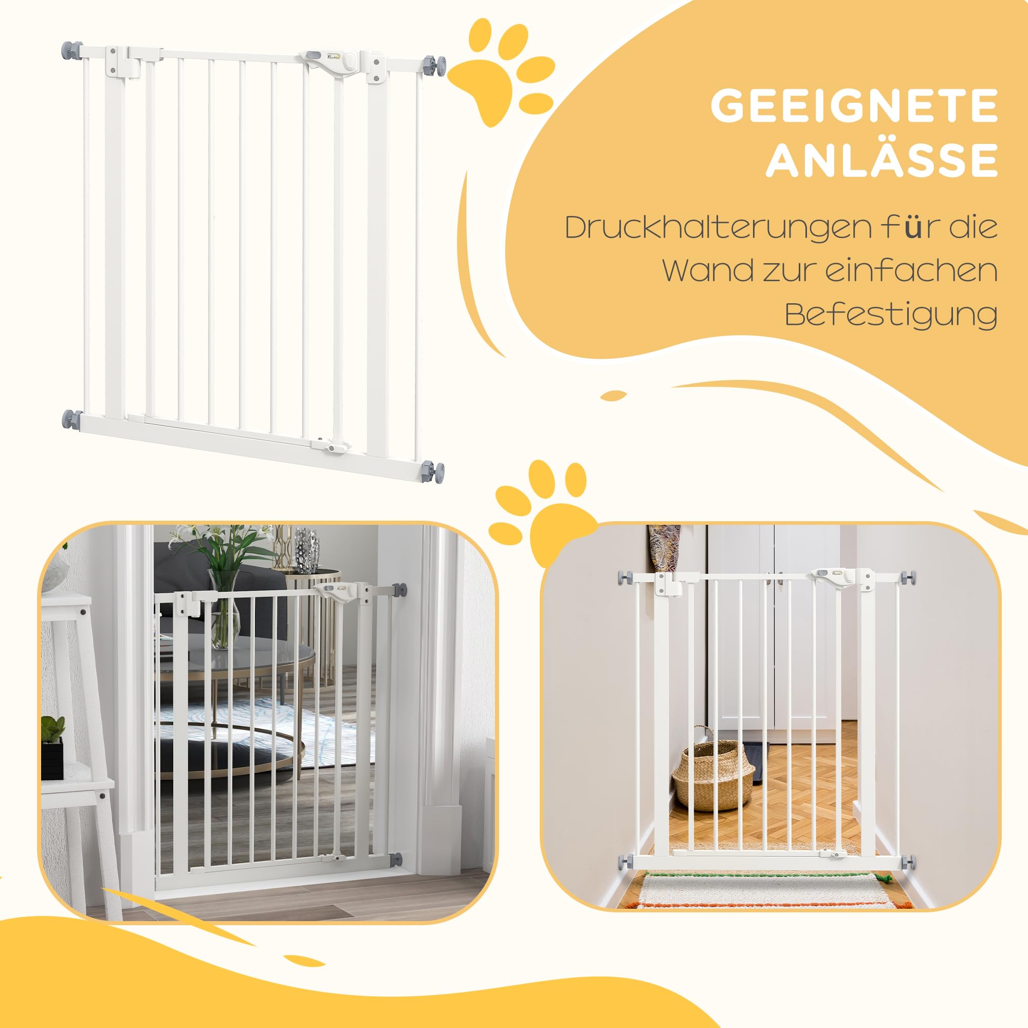 PawHut Puerta de Seguridad para Perros, Puerta de Barrera, 74-80 cm, Puerta de Seguridad de Escalera para Mascotas, Puerta para Perros, Puerta de Seguridad sin taladrar, Metal, plástico, Blanco | Reja de protección para escaleras, puerta y escalera, orien