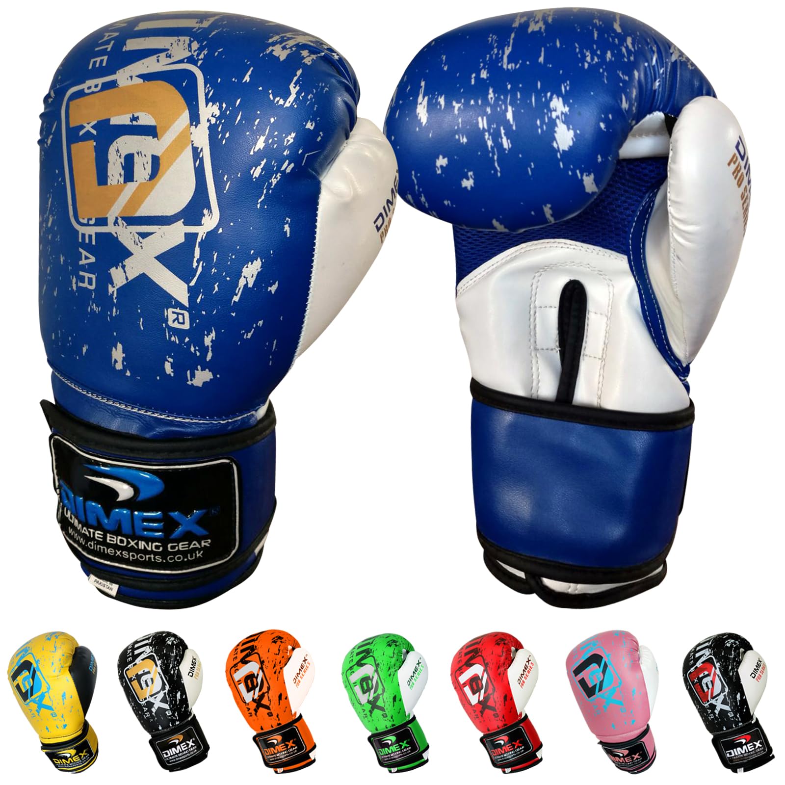 Dimex Boxing Gloves for Training & Sparring Gel Padded Rex Leather Punch Bag Gloves MMA Mitts with Hook & Loop Strap Men & Women – 10oz 12oz 14oz 16oz (Blue White Gold, 16oz)