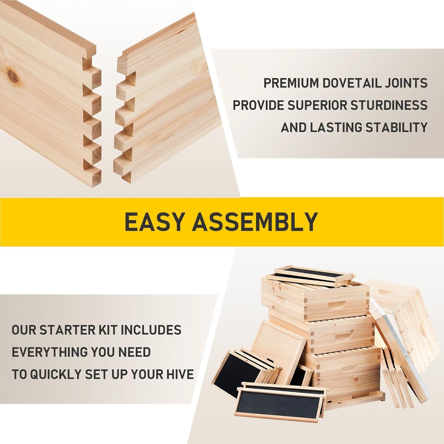 Bee Hive Boxes Starter Kit, Langstroth Beehive for Bee Keeping, 4 Layer Bee House with 20 Medium and 20 Deep Frames & Foundations, Beekeeping Supplies with Plastic Queen Excluder and Nails