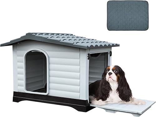 YITAHOME Casa para perros grande de 43.7 pulgadas de doble puerta con porche y cojín, caseta de plástico para exteriores con base elevada, fácil de