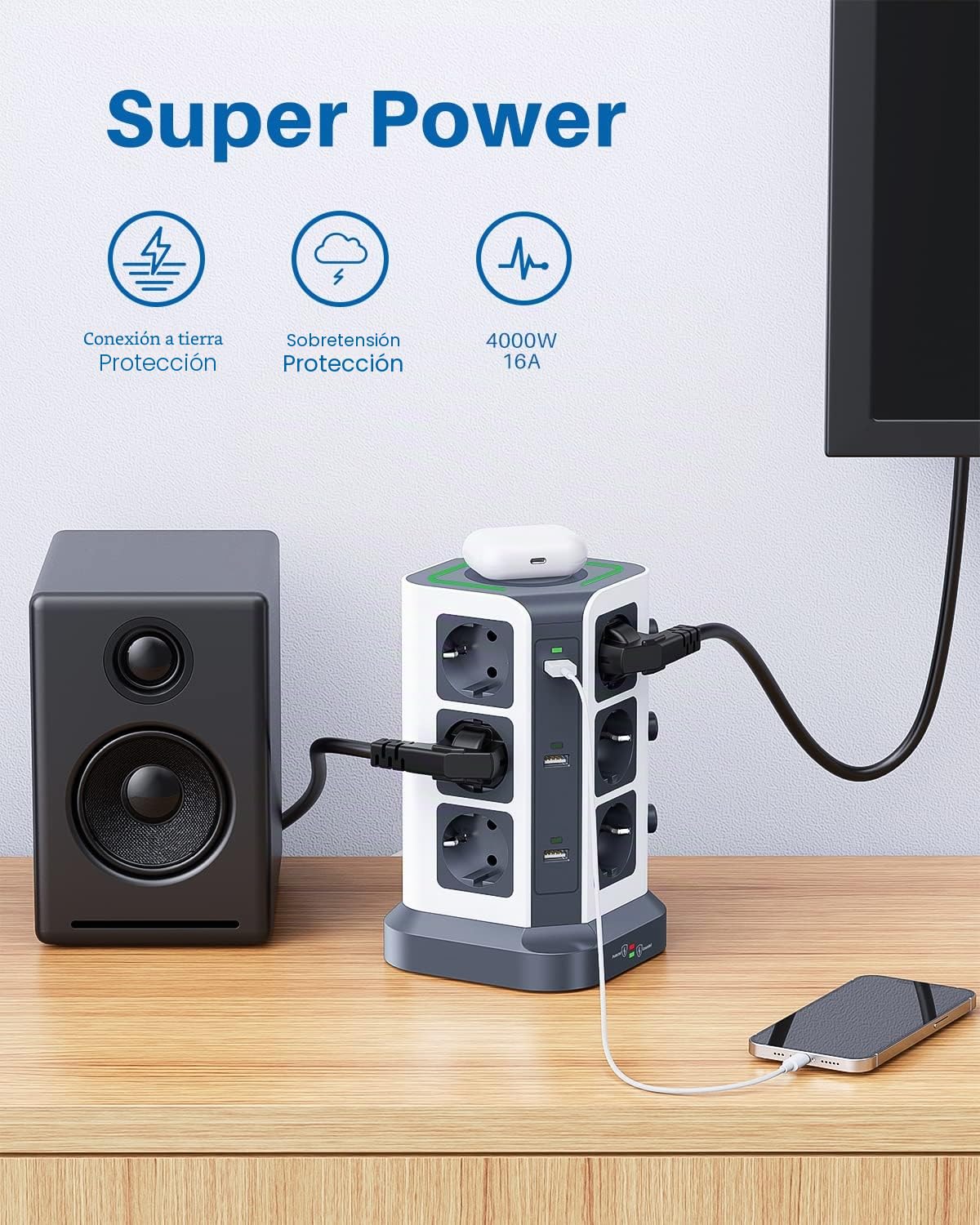 KOOSLA Regleta con Carga Inalámbrica, 12 Enchufes, 2M, Gris | 12 Enchufes, Cargador Inalámbrico 15W, 6 USB, Protección 1500J, Cable 2M, Oficina, Cocina