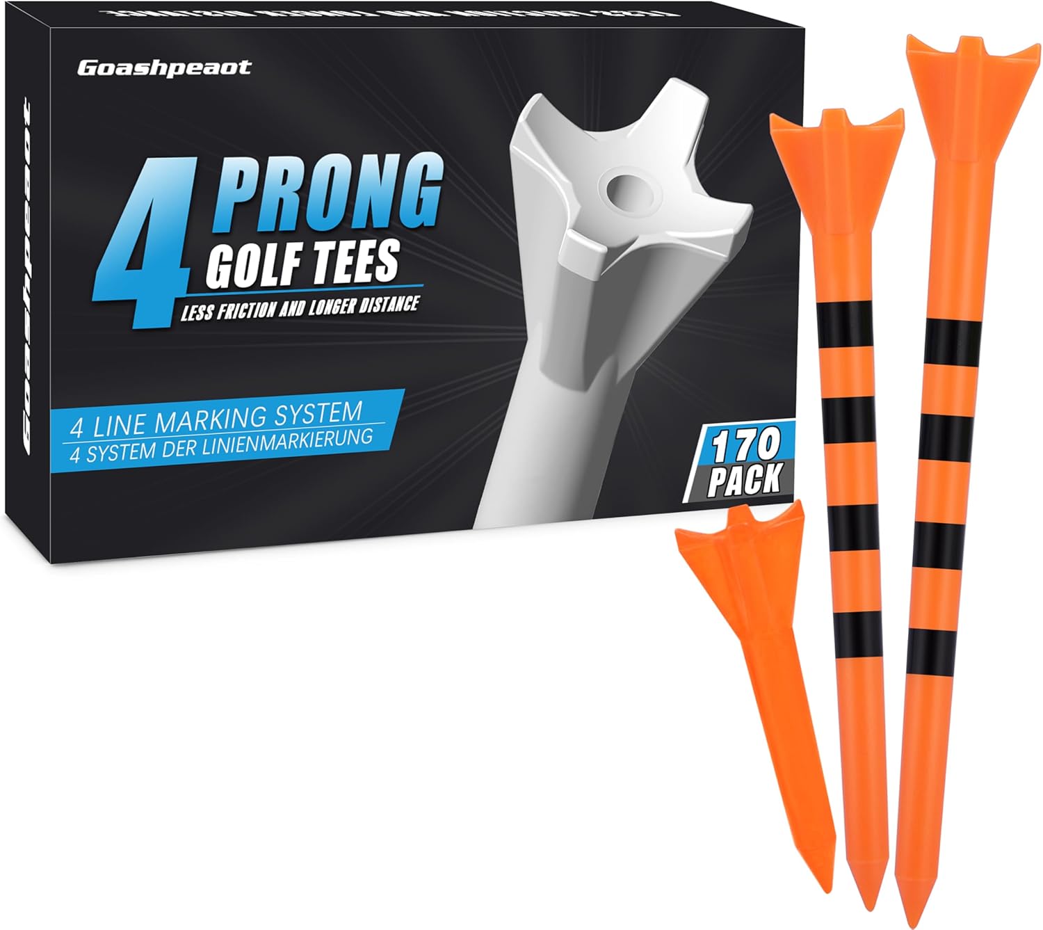 Pro Golf Tees 170 Pack– 4-Prong Reduces Side Spin & Low Friction | 3 Sizes Pack (3¼" / 2¾" / 1½") Plastic Golf Tees for Driver/Irons