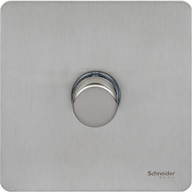 Schneider Electric Ultimate Screwless Flat Plate - Single Rotary 2 Way Dimmer Light Switch, Main & Low Voltage, 400W/VA, GU6412CSS, Stainless Steel