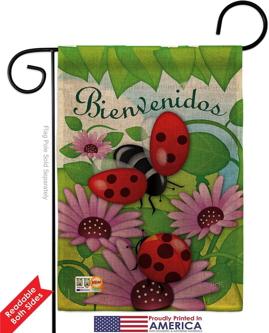 Bienvenidos Tortolitas Burlap Garden Flag Friends Butterfly Ladybugs Dragonfly Bee Springtime Insect Natural Wildlife Small Decorative Gift Yard House Banner Double-Sided Made In USA 13 X 18.5