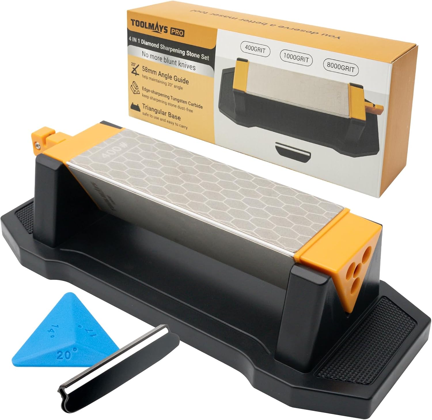 3-Side Sharpening Stone, 400/1000/8000 Grit, Diamond & Ceramic | 3-side Grit, 400/1000/8000, Diamond & Ceramic, Angle Guide Included, Non-slip Base, for Knives