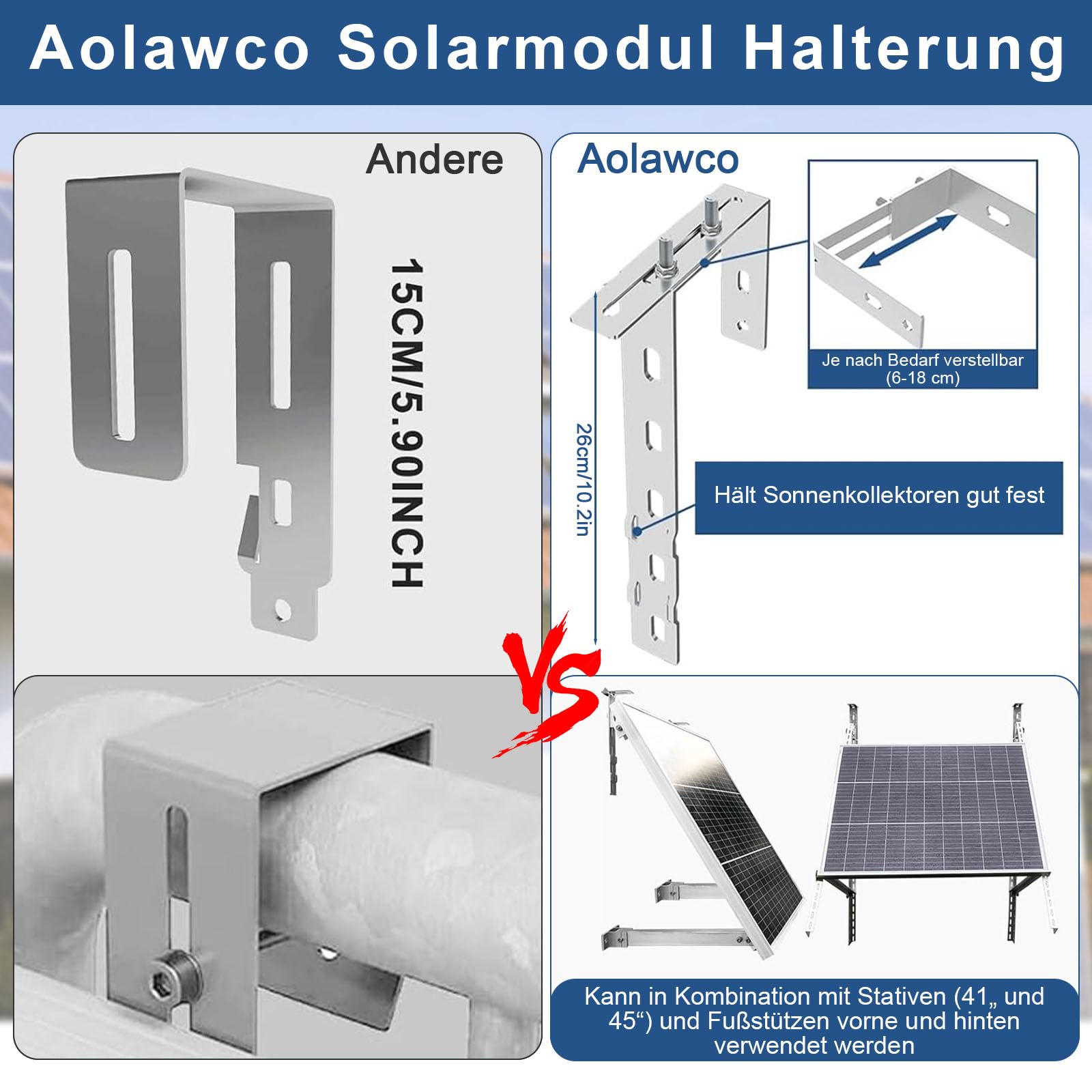 4 Stück Solar Balkonkraftwerk Halterung Balkon Haken Set, Verstellbare Balkonhalterung für Solarmodule, Solarpanel Halterung Kein Bohren Erforderlich für Solarmodul Runde Eckig Balkongelände