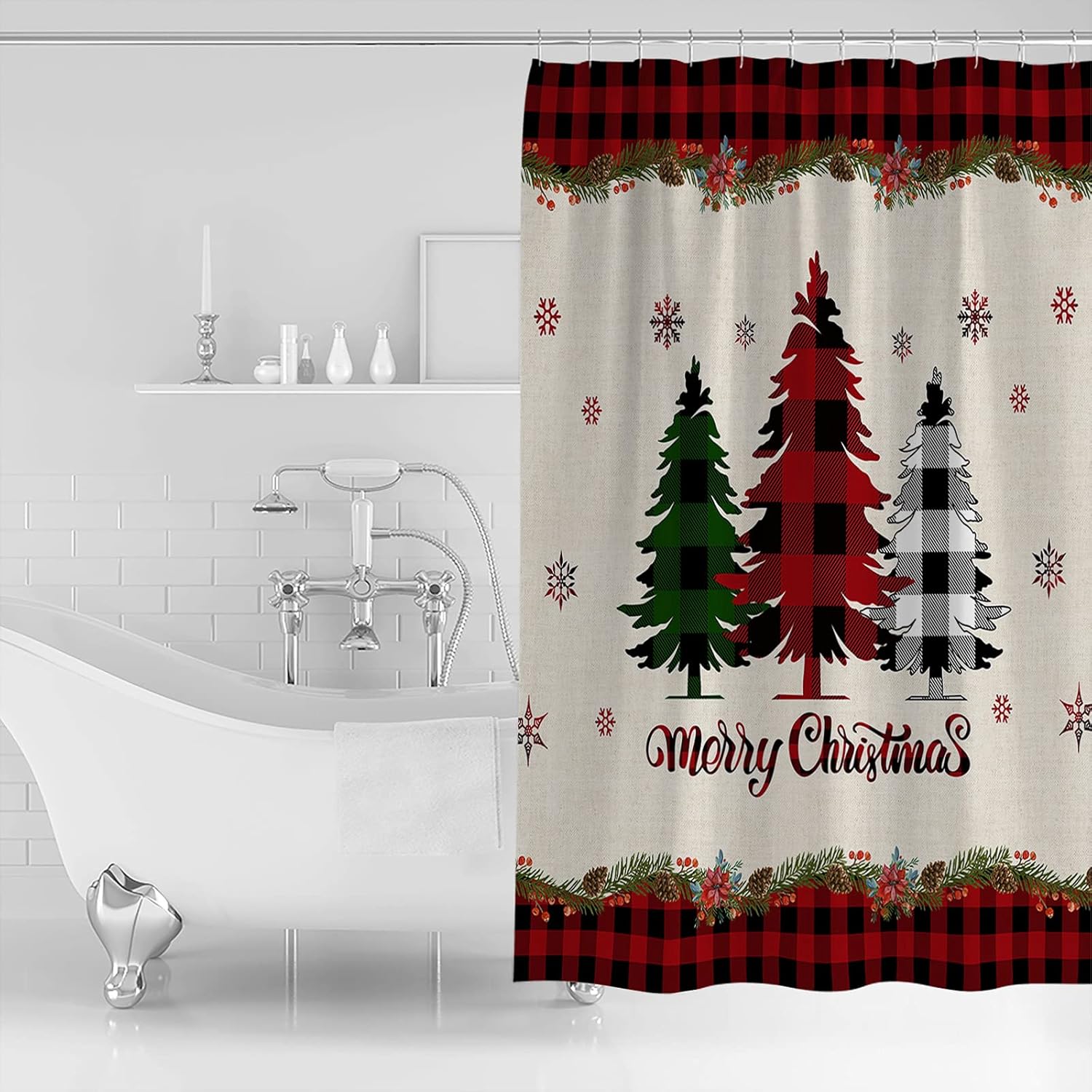 Shower Curtain 72 inches Long Merry Christmas Buffalo Check Plaid Tree Polyester Fabric Shower Curtain with Hooks,Waterpoof Shower Curtains for Bathroom Showers and Bathtubs 72" Wx72 L