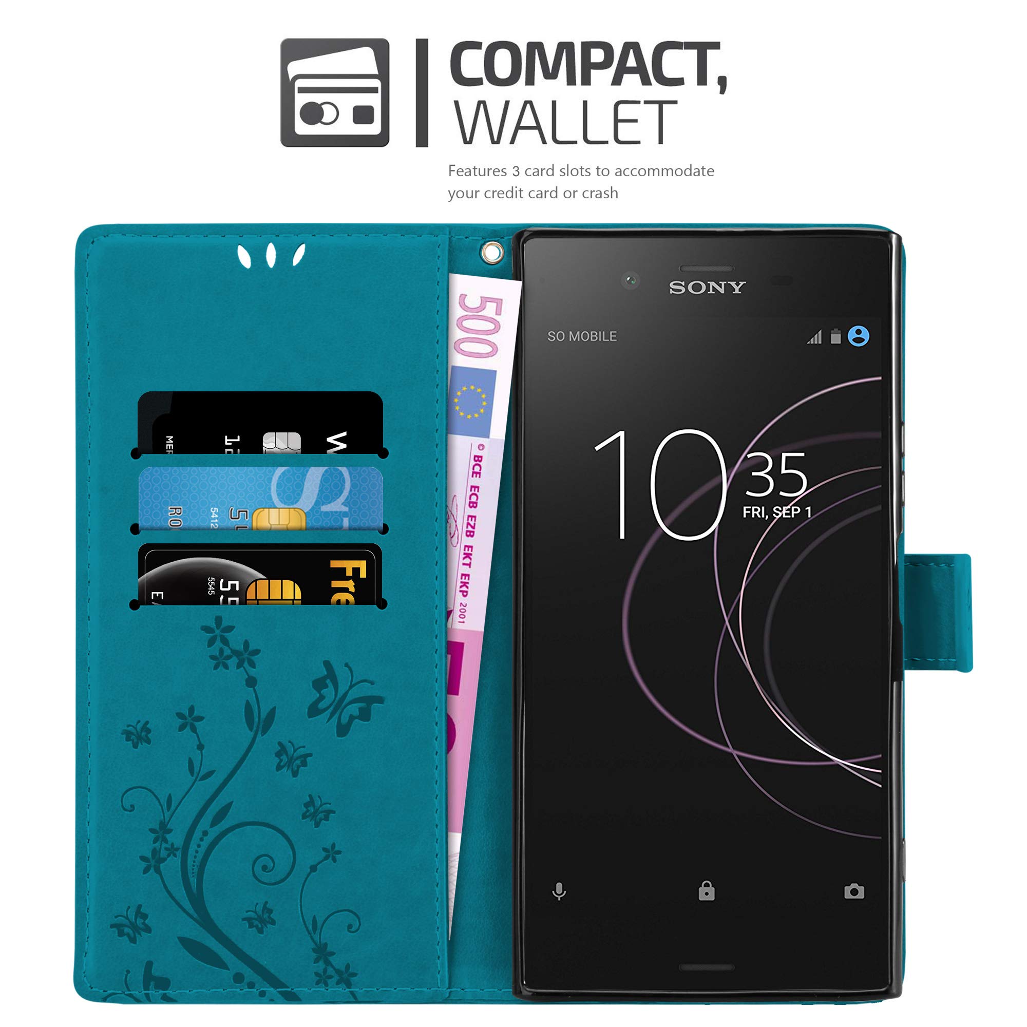 cadorabo Book Case works with Sony Xperia XZ1 in FLORAL DARK PURPLE – Cover in Flower Design with Magnetic Closure, Stand Function and 3 Card Slots