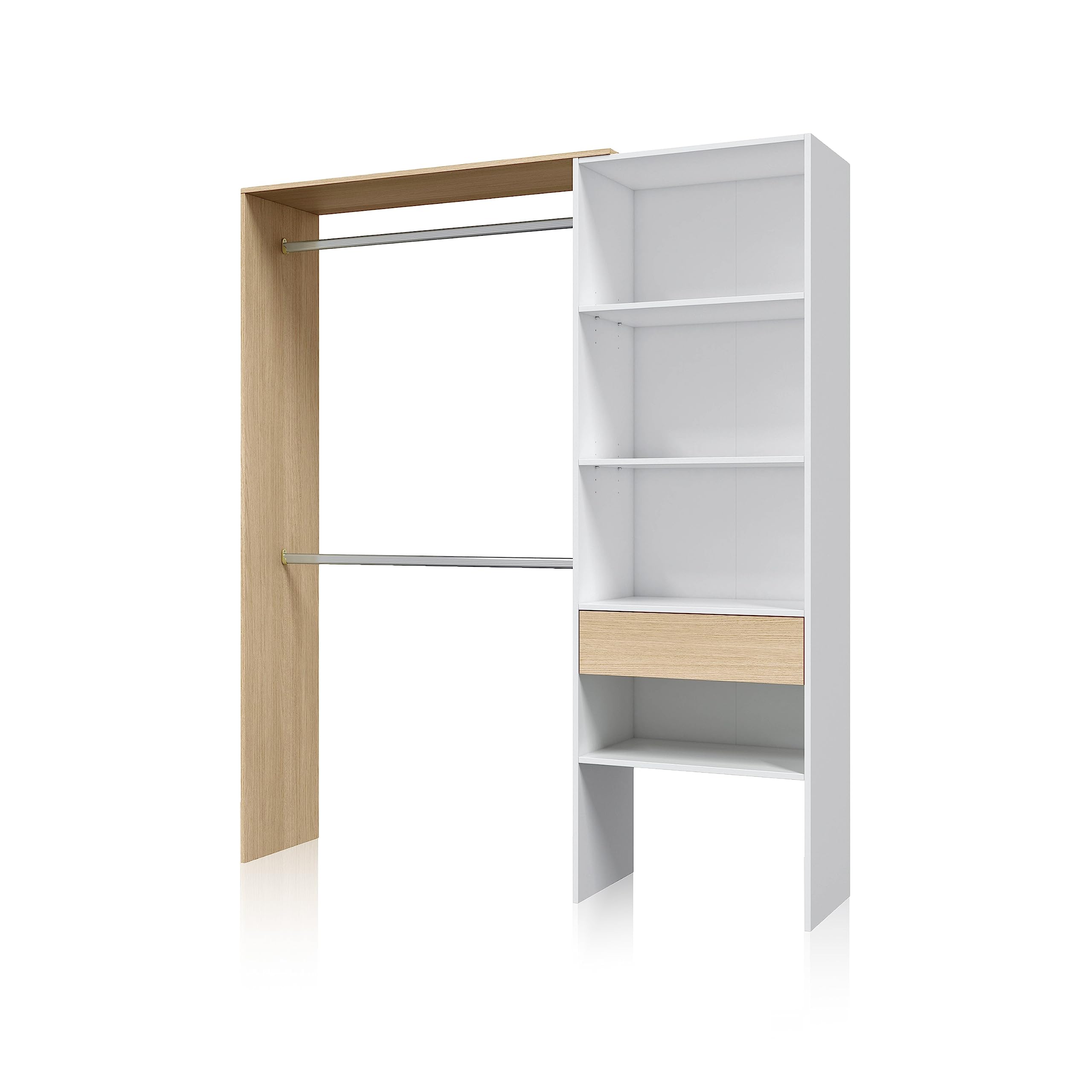 duehome | Armario Vestidor, Armario 2 Barras, 4 Baldas y 1 Cajón, Vestidor Reversible, Modelo Aura, Acabado en Blanco Artik y Roble, Medidas: 158 cm (Ancho) x 187 cm (Alto) x 40 cm (Fondo)