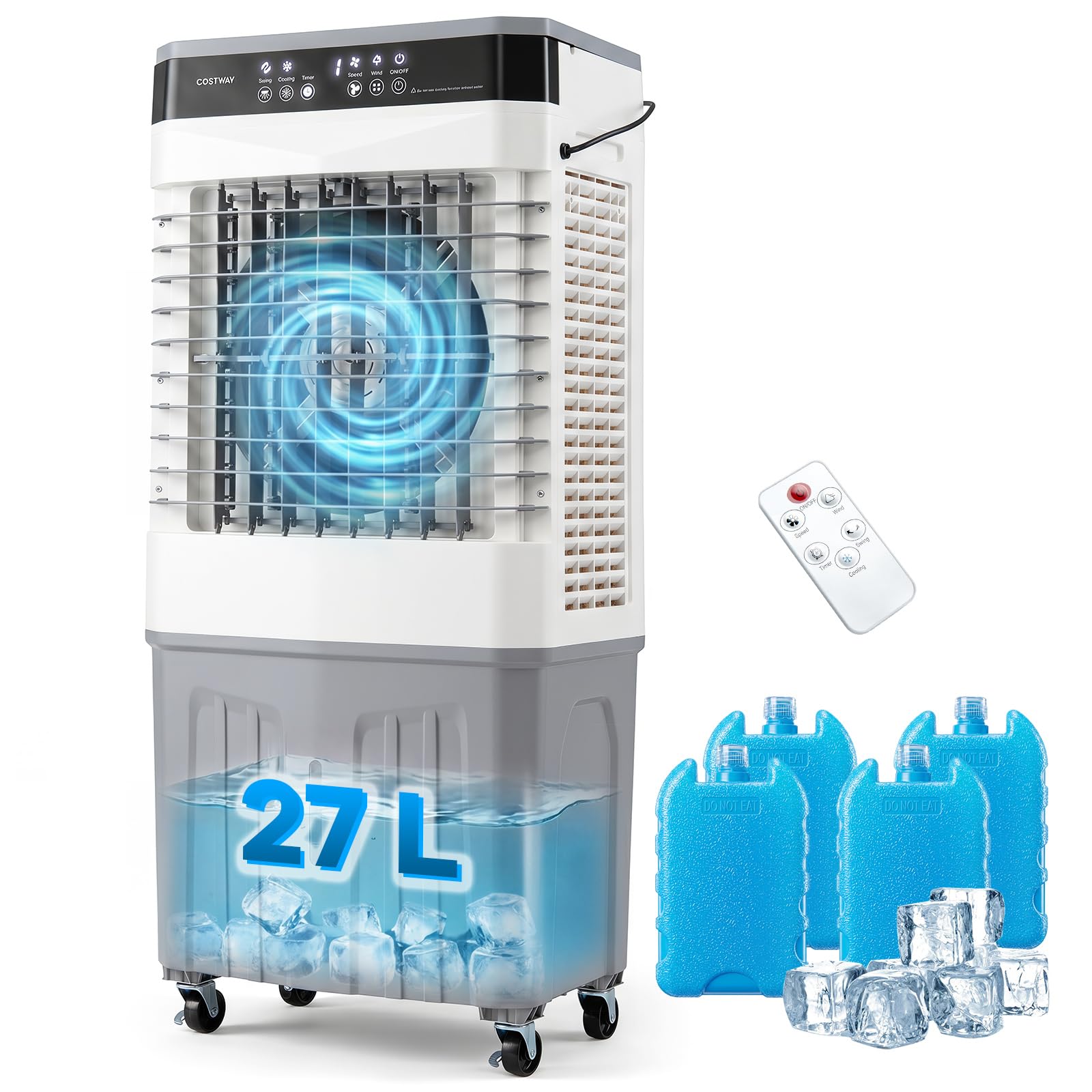 COSTWAY 3 en 1 Climatizador Evaporativo, Enfriador de Aire Portatil con 3 Velocidades, 2 Modos, 12H Temporizador, Ventilador con Ruedas, Oscilación de 70º/90° y Cubetas de Hielo (49 x 31 x 109 cm)