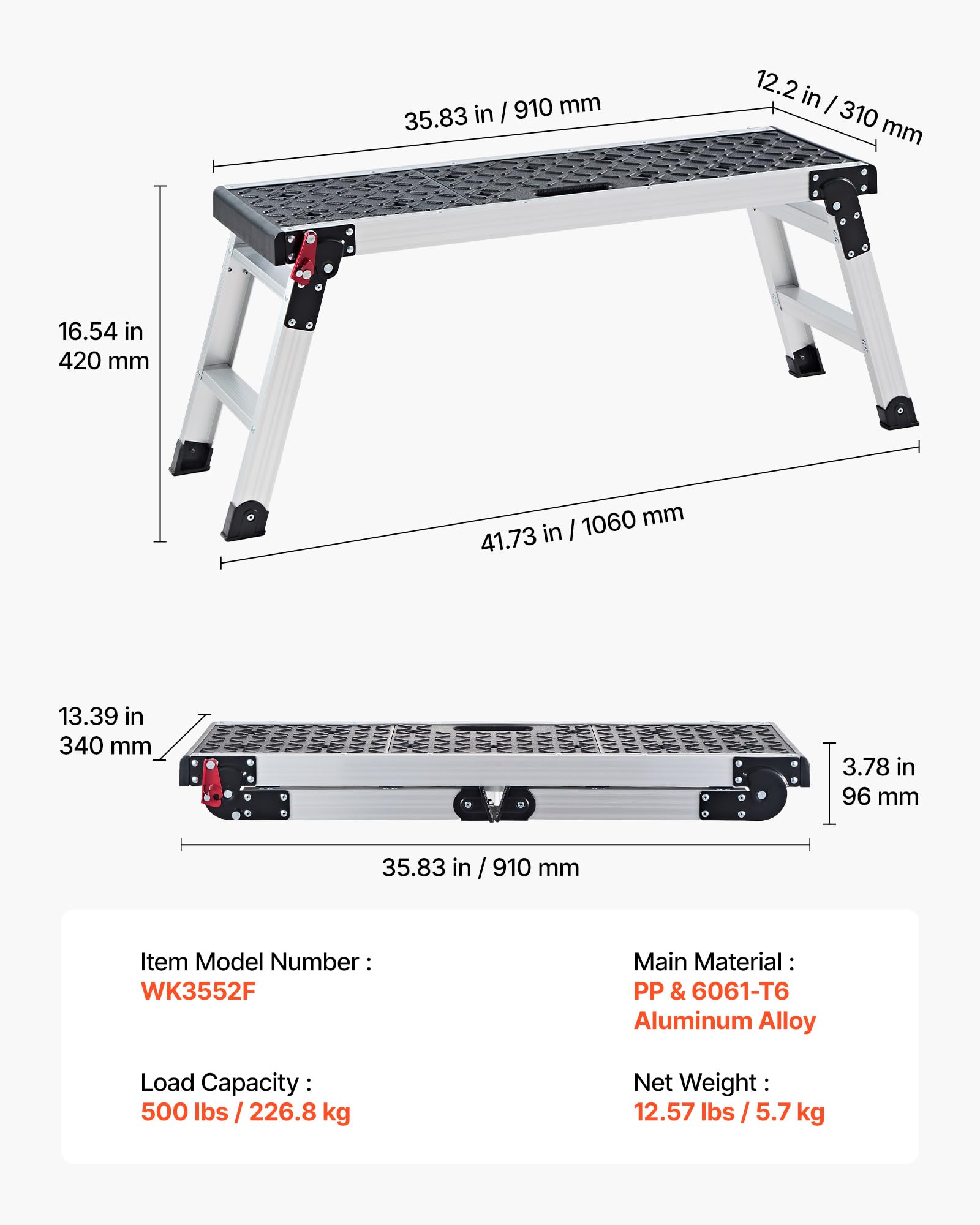 VEVOR Arbeitsplattform 910x310x420mm, Klappbare Arbeitsbühne aus Aluminium, 226,8kg Belastbare Laufbühne mit Sicherheitsverriegelung & Fußpolstern, Tragbare Stufenleiter für Wartung Malen Reparatur
